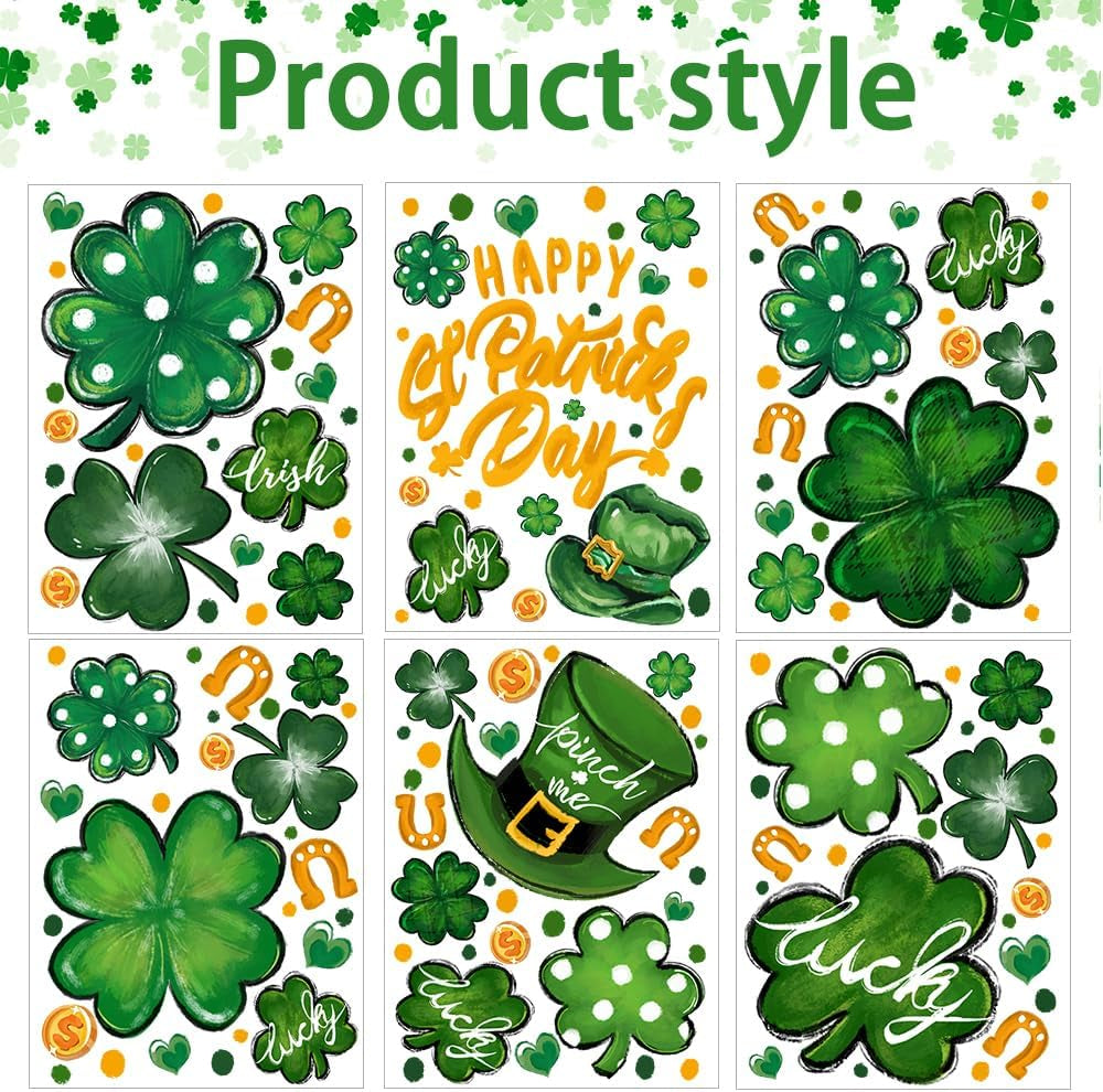 6 Sheets St. Patrick'S Day Window Clings, Extra Large Good Luck Shamrock Window Decals Stickers for St. Patrick'S Day Glass Home Decor and Spring Window Decoration