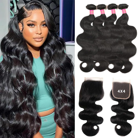 12A Human Hair Bundles 4 Bundles with Closure Body Wave Bundles Human Hair 100% Unprocessed Brazilian Virgin Hair Bundles Human Hair Extensions Quick Weave Bundles Human Hair Black 18 20 22 24+16