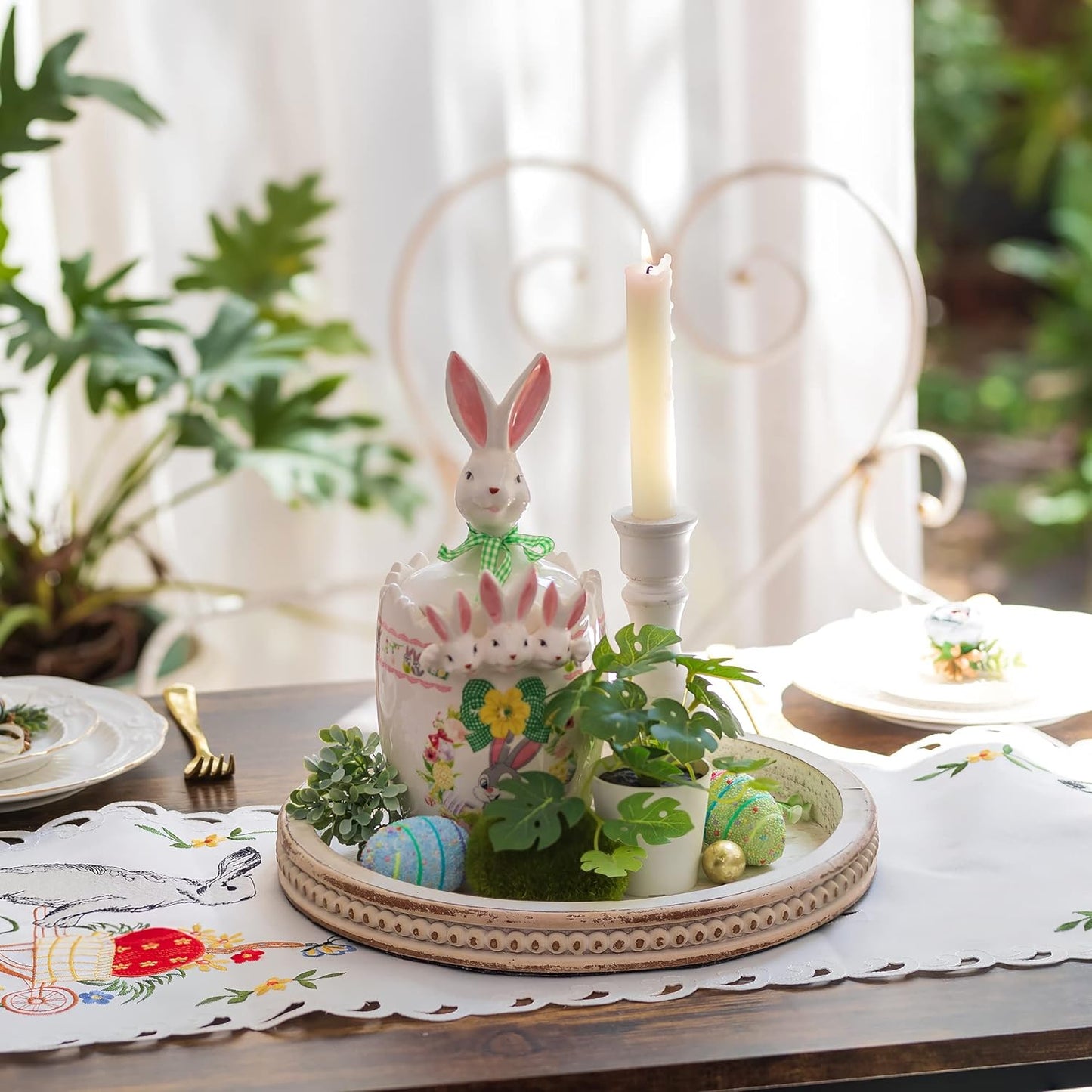 Decorative Serving Tray Wood: White Washed Bead round Tray Decor for Coffee Table Rustic Wooden Trays Farmhouse Centerpiece for Living Room Kitchen Counter