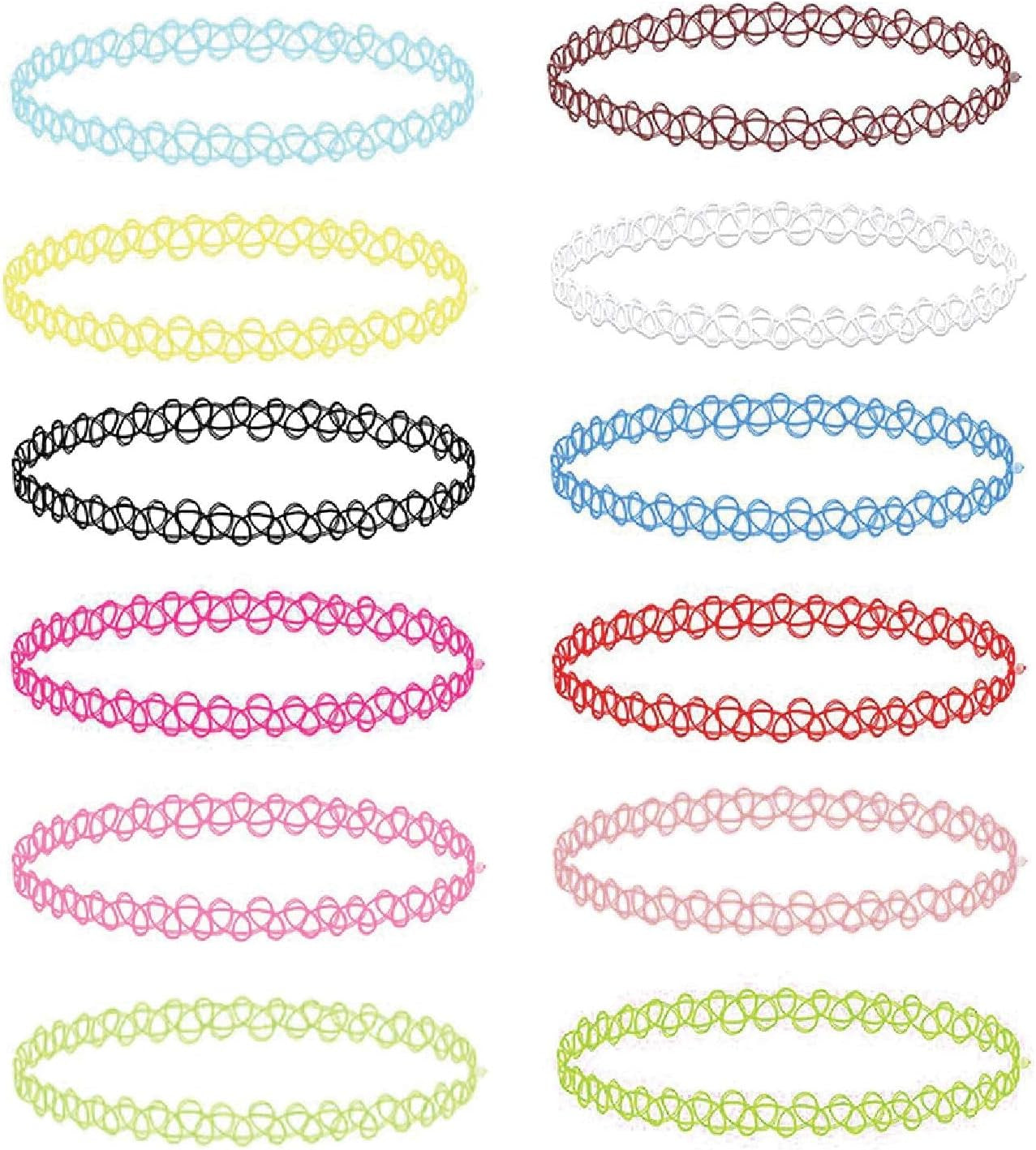 12PC Tattoo Choker Necklace - 90S Accessories 2000S Jewelry Y2K Fashion Vitange Trendy - Pink Blue Green Colorful Rainbow Goth Black - Stretchy Elastic Necklace