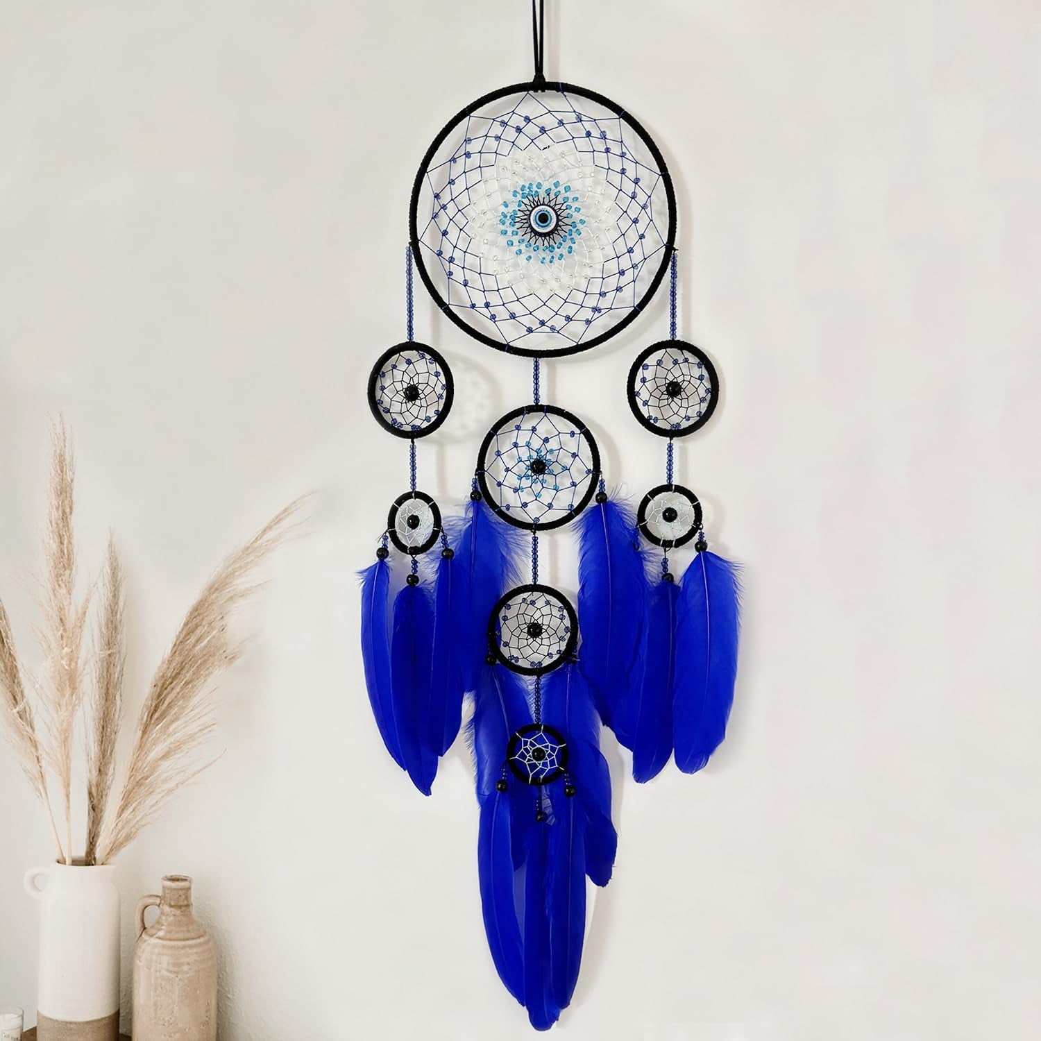 Blue Evil Eye Dream Catcher Wall Decor,  Dreamcatcher Hanging Pendant for Home Protection and Blessing Decor with a Car Accessories Evil Eye Charm Gift