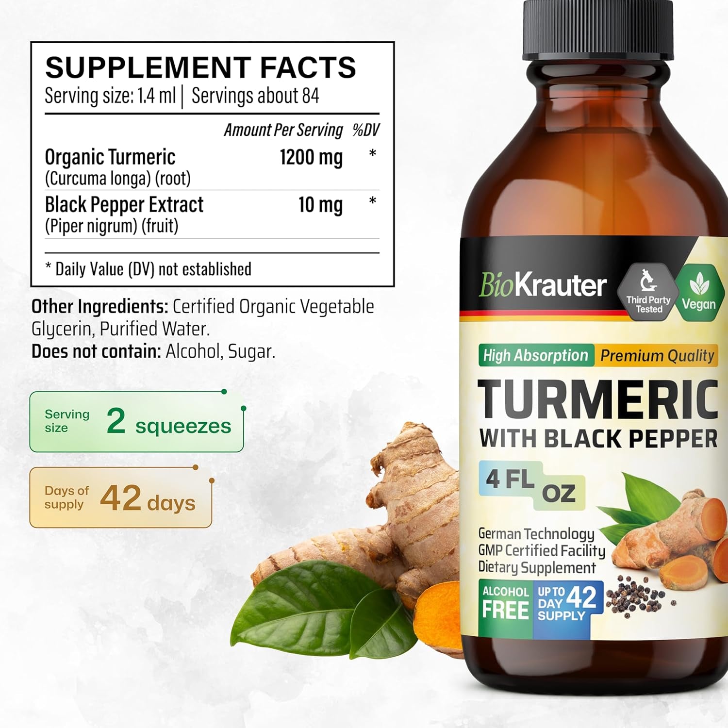 Turmeric Supplement Tincture - 1200 Mg Turmeric Curcumin with Black Pepper Extract - Alcohol and Sugar Free - Vegan Drops 4 Fl.Oz. TLBH