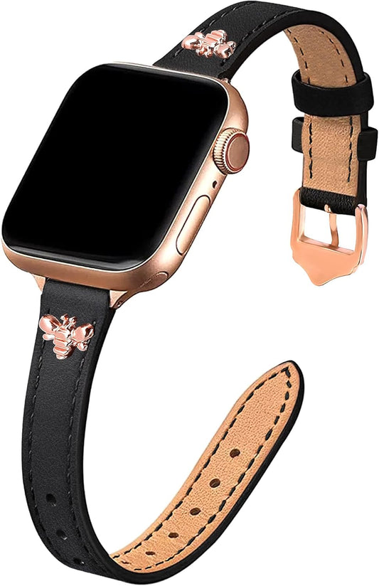 Elegant Slim Leather Bands Compatible with Apple Watch Band 38Mm 40Mm 41Mm 42Mm 44Mm 45Mm 49Mm, Designer Top Grain Black Leather Watch Band with Charms, Feminine Design for Ultra SE & Series 8 7