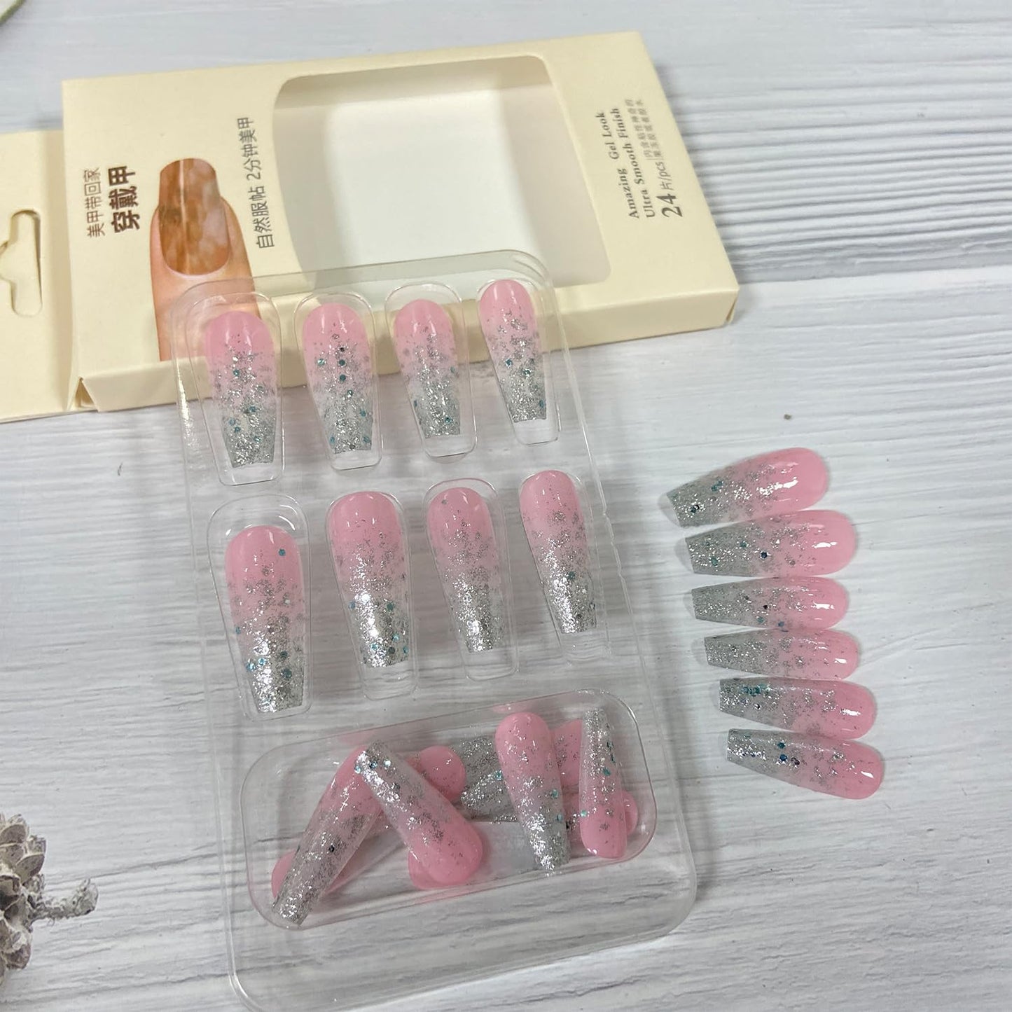 Glitter Press on Nails Coffin Long Fake Nails Pink False Nails with Designs Full Cover Reusable Stick on Nails Acrylic Ballerina Artificial Nails Glue on Nails for Women Nail Decorations 24Pcs