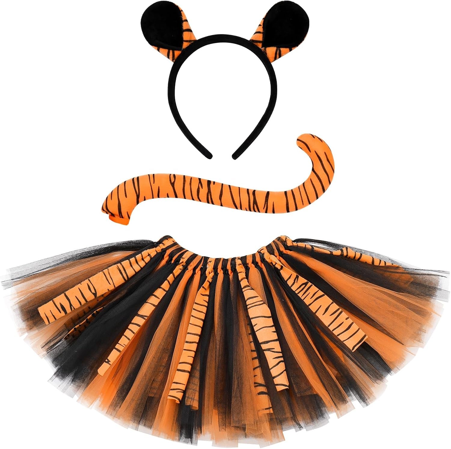 Baby Girls Jungle Animals Costume Tulle Tutu Skirt Ears Headband Bow Tie and Tail Set for Halloween Cosplay Dress Up