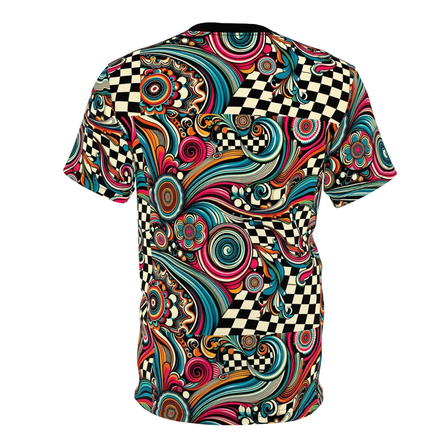 Vibrant Unisex Cut & Sew Tee with Colorful Swirls & Checkered Design