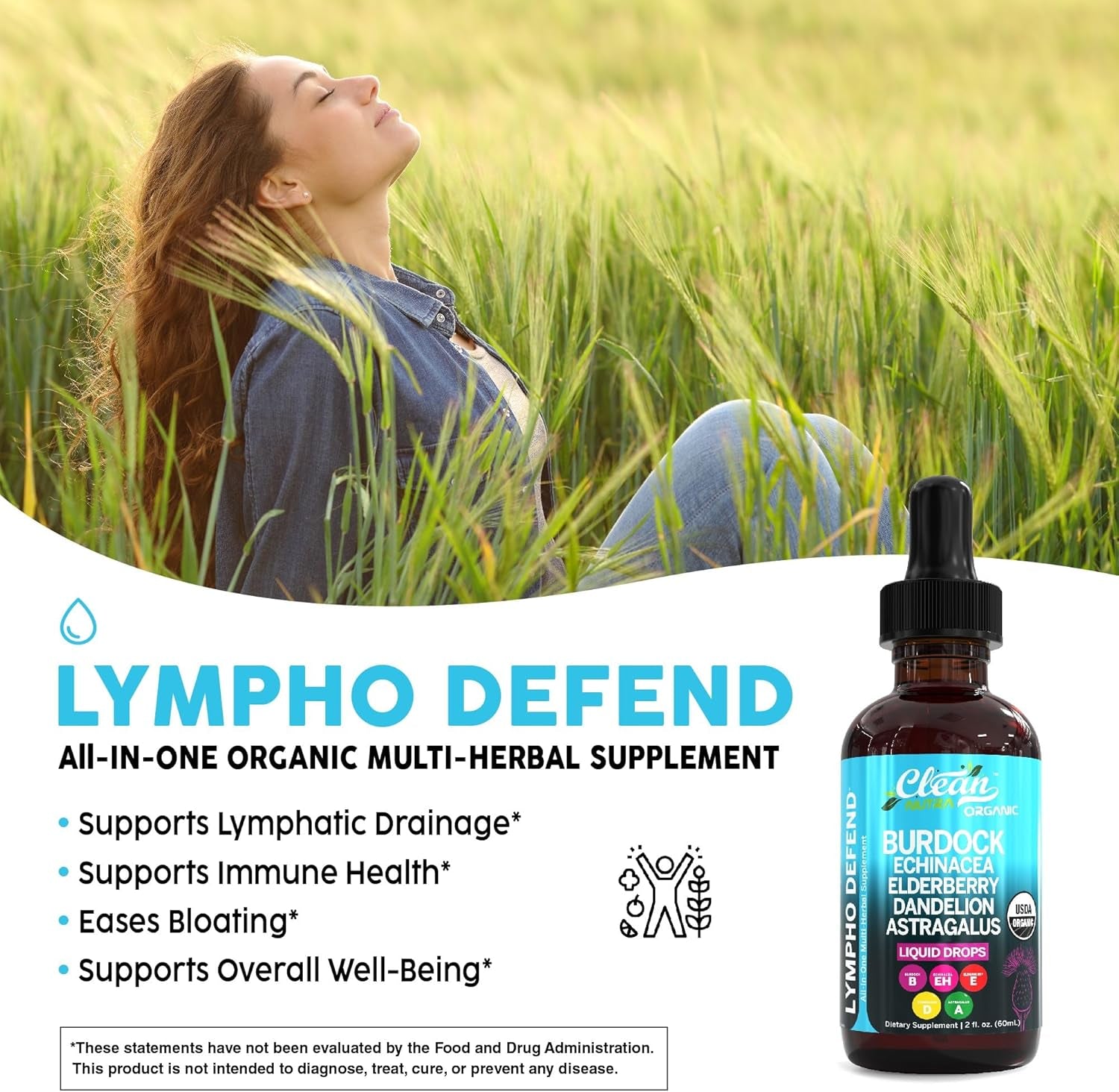 Organic Lymphatic Drainage Drops Supplement with Burdock Root Echinacea Elderberry Dandelion Astragalus Milk Thistle Sea Moss Red Clover Lymphatic Cleanse Immune Support Marigold Drop by Clean Nutra TLBH