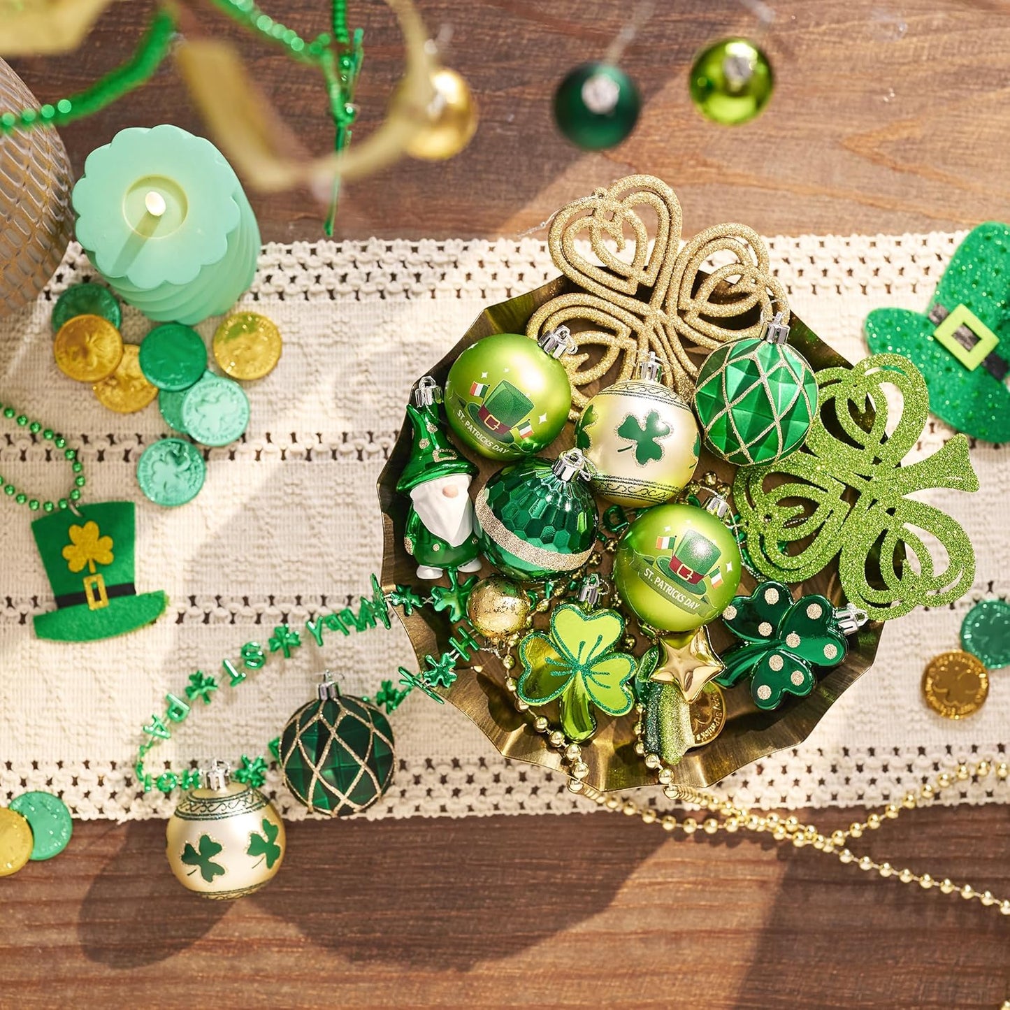 St Patricks Day Decorations Shamrock Tree Ornament,30Pcs Hanging Ball Ornament Gnome Decor for Irish Festival, Good Luck Clover Emerald Green Gold Christmas Ball for Party Home Spring