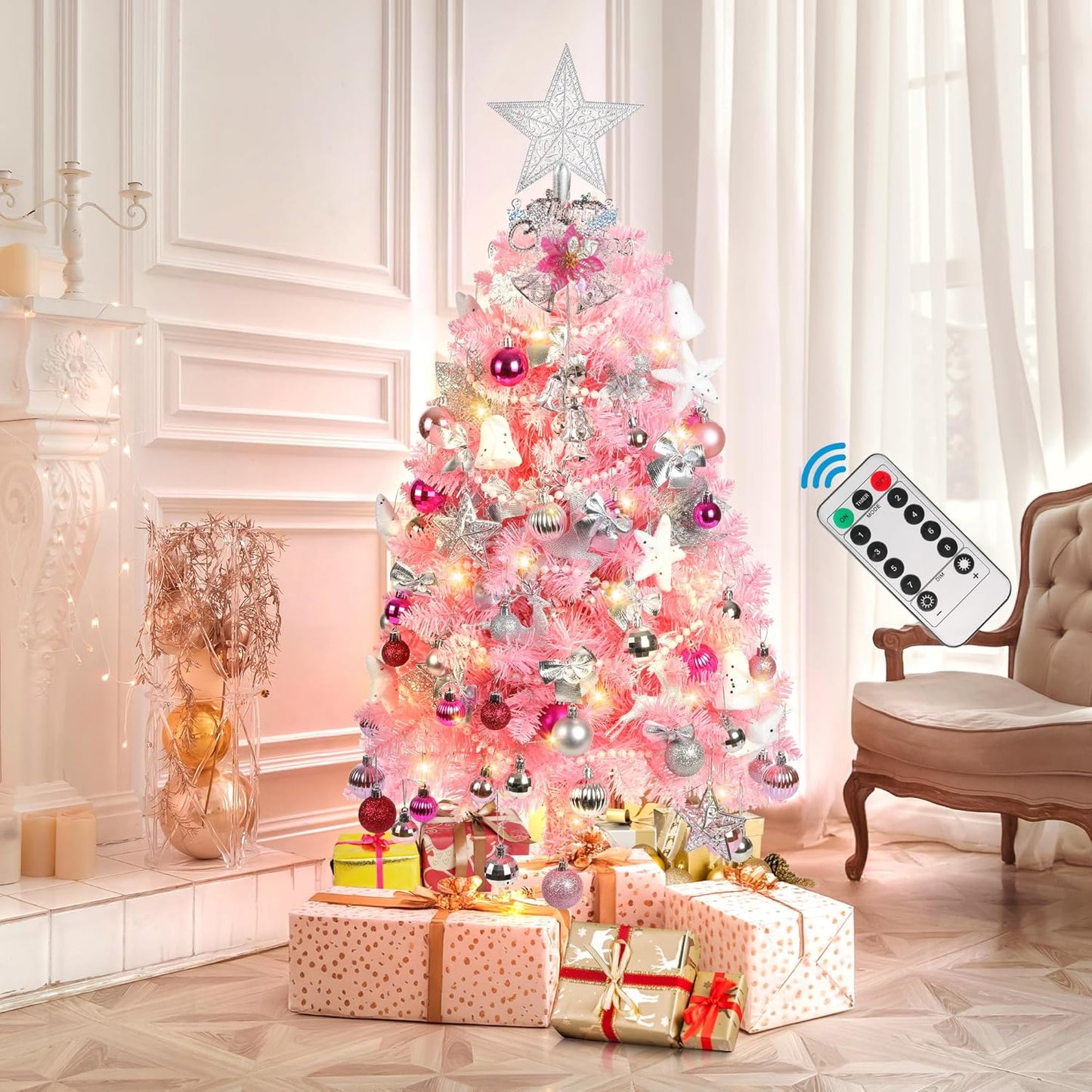 3FT Mini Pink Christmas Tree, Small Christmas Tree with Lights, Prelit Tabletop Christmas Tree with 200 Branch Tips and 110+ DIY Ornaments, Christmas Decorations Indoor and Gifts for Men Women