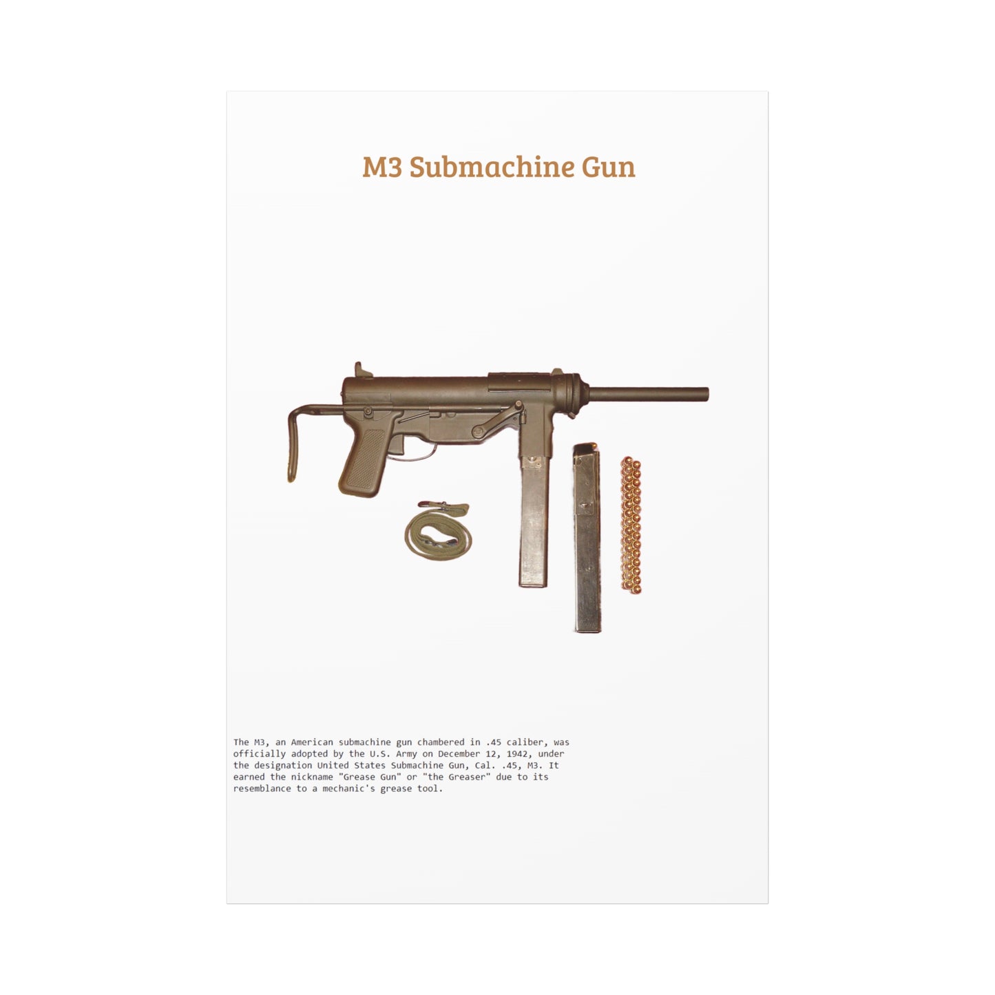 Grease Gun M3 submachine gun Matte Canvas, Stretched, 1.25"