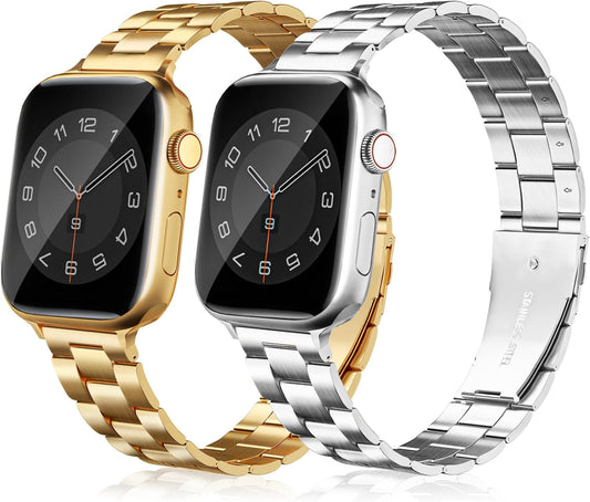 Thin Metal Bands Compatible with Apple Watch Band 38Mm 40Mm 41Mm 42Mm 44Mm 45Mm 46Mm 49Mm, Slim Stainless Steel Wristband Strap for Iwatch Ultra SE Series 10 9 8 7 6 5 4 3 2 1-Silver+Gold