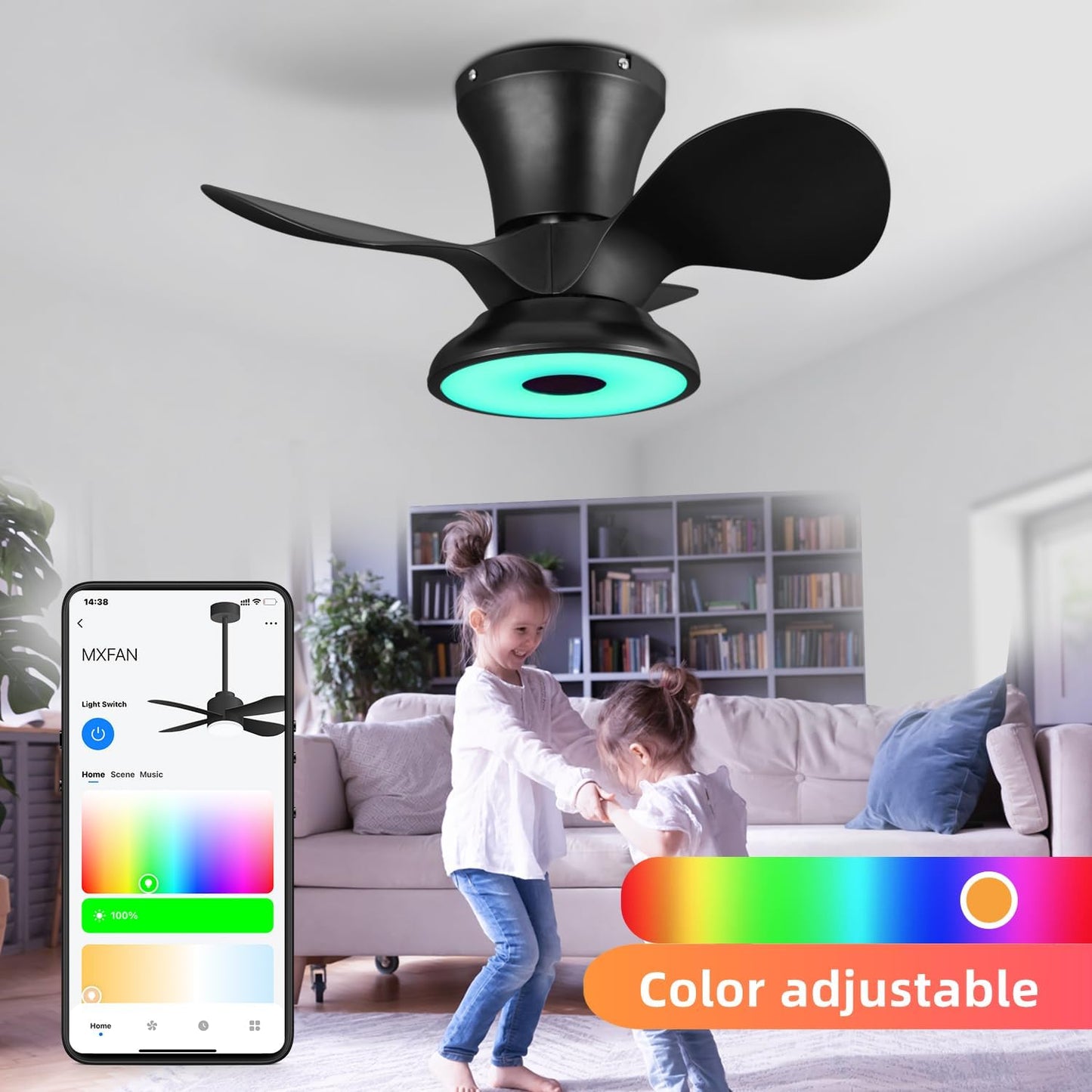 Smart Wifi Flush Mount Ceiling Fan with Lights,Bluetooth Ceiling Fan with Speaker and Remote/App/Alexa Control,Dimmable RGB Light,Low Profile 6 Speeds Reversible Blades for Bedroom Kitchen Living Room