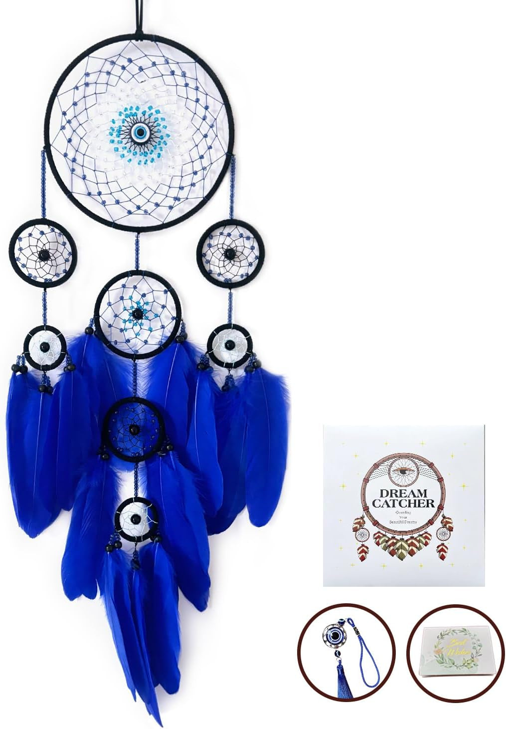 Blue Evil Eye Dream Catcher Wall Decor,  Dreamcatcher Hanging Pendant for Home Protection and Blessing Decor with a Car Accessories Evil Eye Charm Gift