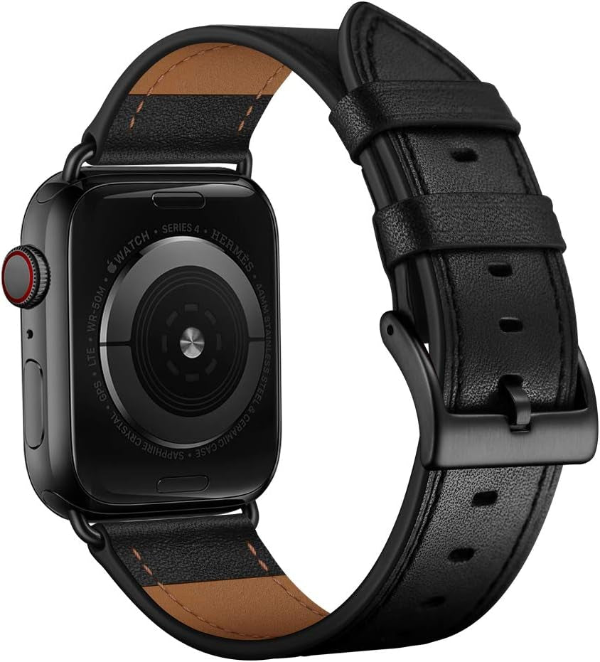 Compatible with Apple Watch Band 49Mm 45Mm 44Mm 42Mm, Genuine Leather Band Replacement Strap Compatible with Apple Watch Ultra 2/1 Series 9/8/7/6/5/4/3/2/1/SE/SE2, Black Band with Black Adapter