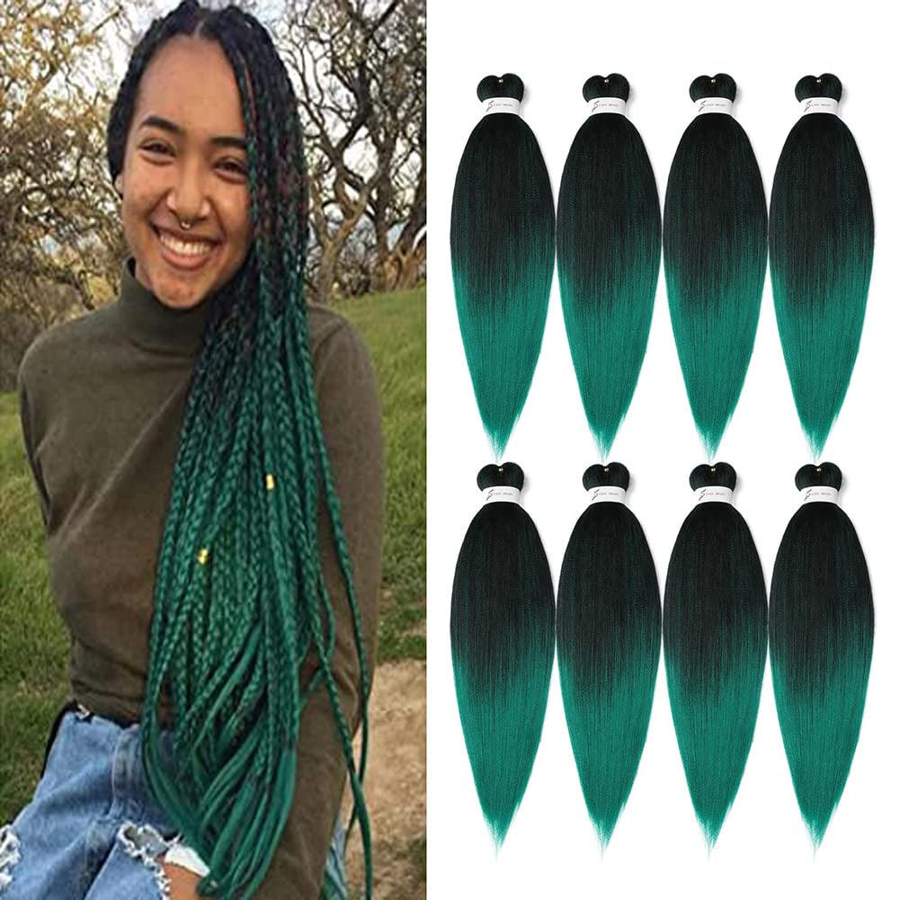 Pre-Stretched Braiding Hair, 24 Inch Braiding Hair 8 Packs Ombre Black to Green Professional Soft Yaki Texture,No Itch, Hot Water Setting Hair Extensions for Braids (24In,1B/Green)
