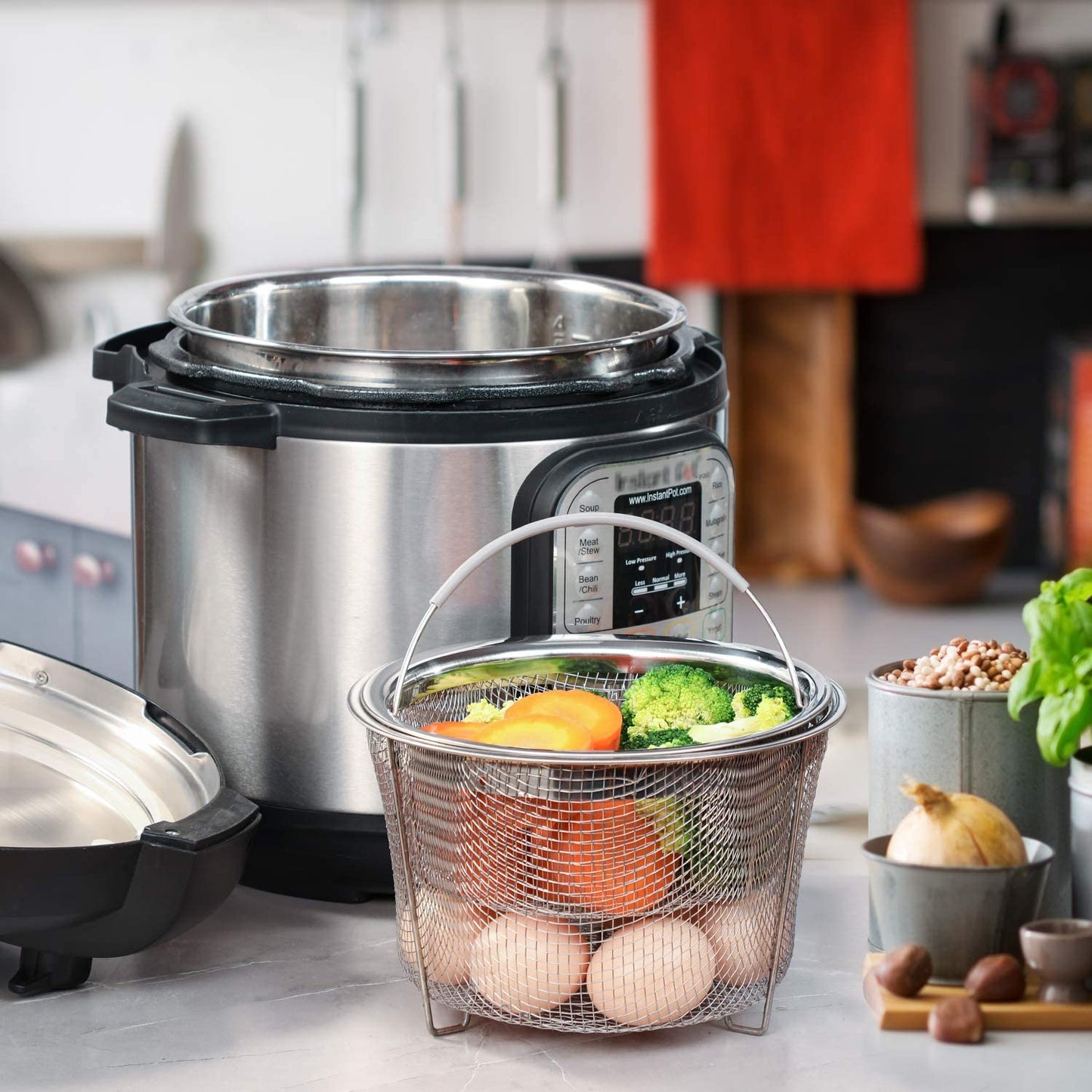 Steamer Basket for Instant Pot Accessories 6 Qt or 8 Quart - 2 Tier Stackable 18/8 Stainless Steel Mesh - Silicone Handle - Vegetable Steamer Insert, Egg Basket, Pasta Strainer,Silver