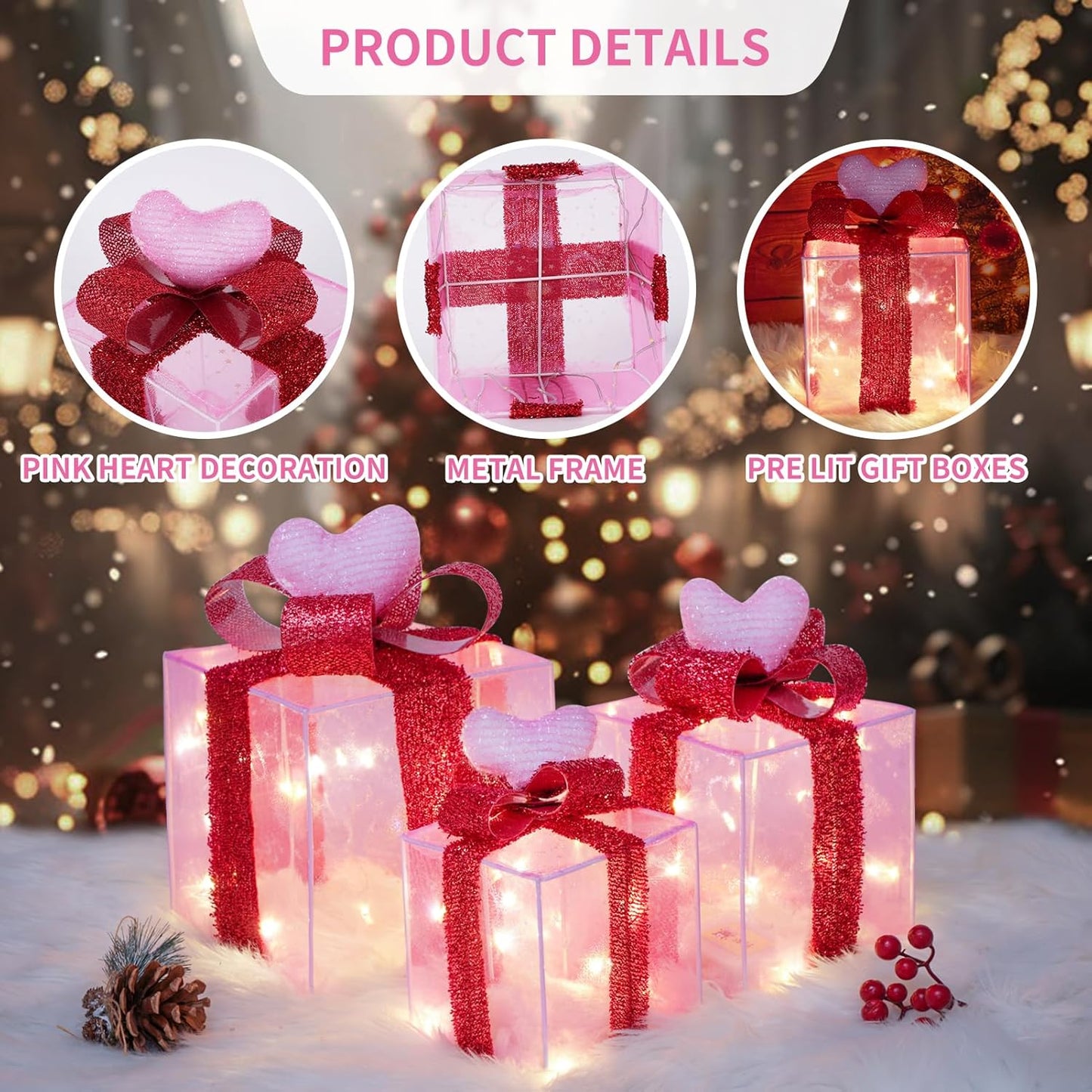 Christmas Lighted Gift Boxes with Pink Cloth, Pre-Lit Lights Gift Boxes Set of 3, Light up Present Boxes Set Battery Operated with Different Sizes for Holiday Indoor Outdoor Decorations