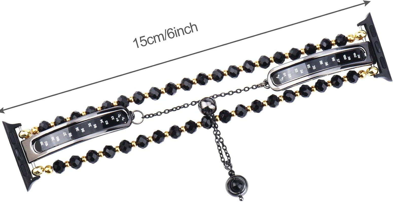 Beads Pearl Apple Watch Band Compatible for Iwatch Ultra Series SE 8 7 6 5 4 3 Jewelry Bracelet Watch Band with Thermometer Pendant Charm (42Mm/44Mm/45Mm, Black)