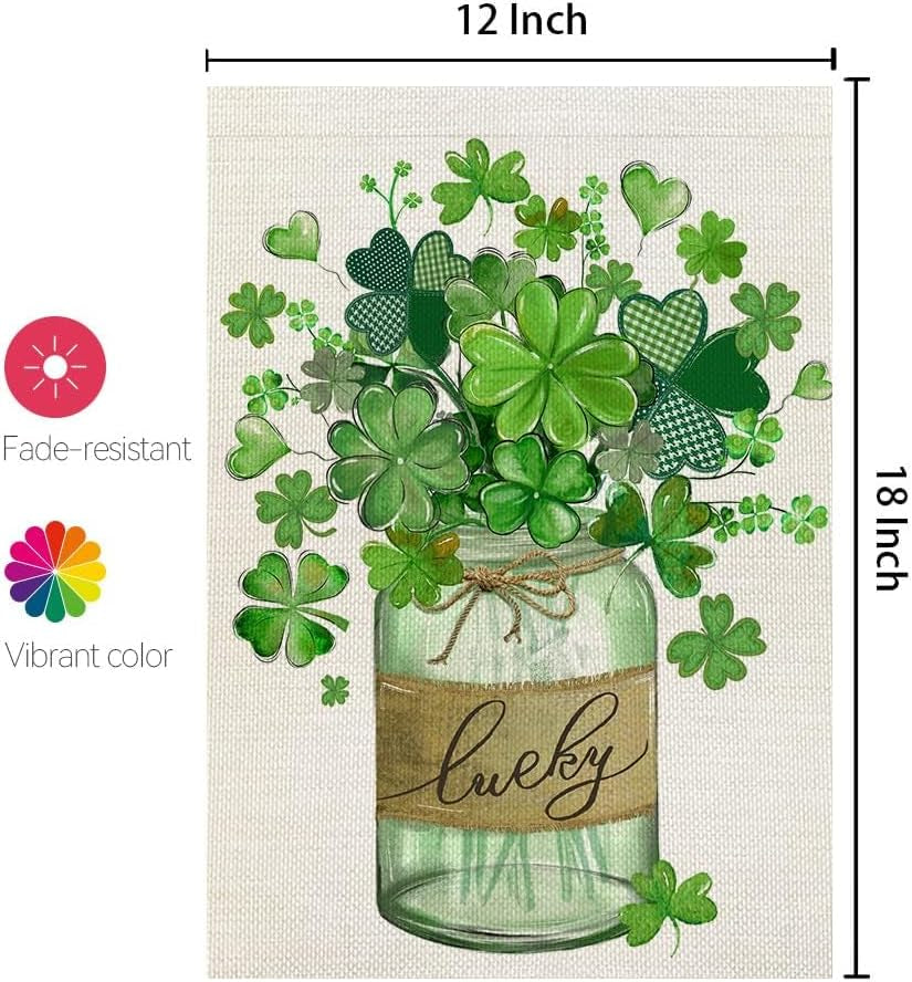 St Patricks Day Shamrocks Mason Jar Garden Flag 12X18 Inch Double Sided for outside Small Burlap Green Clovers Lucky Welcome Yard Holiday Flag