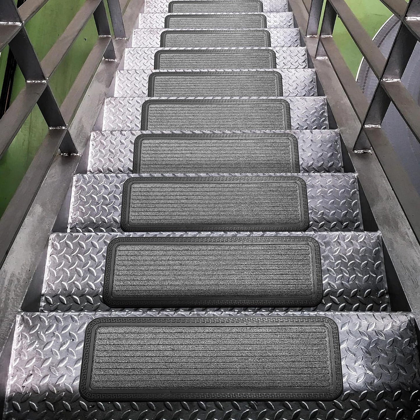 Indoor/Outdoor Hose-Wash Striped Design Non-Slip Rubber 10" X 30" Modern Stair Treads for Stairs, Garage, Patio, 5 Pack, Gray