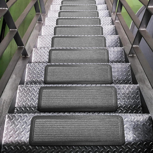 Indoor/Outdoor Hose-Wash Striped Design Non-Slip Rubber 10" X 30" Modern Stair Treads for Stairs, Garage, Patio, 5 Pack, Gray