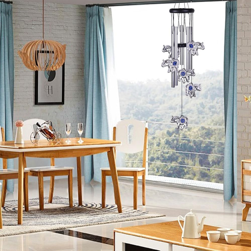 Blue Evil Eye Elephant Wind Chimes Outdoor Decor, Mobile Evil Eye Windcatcher, Evil Eye Elephant Wind Bells, Blue Evil Eye Amulet Wind Chimes for Home, Gift for Mom, Balcony, Patio, Garden Decoration