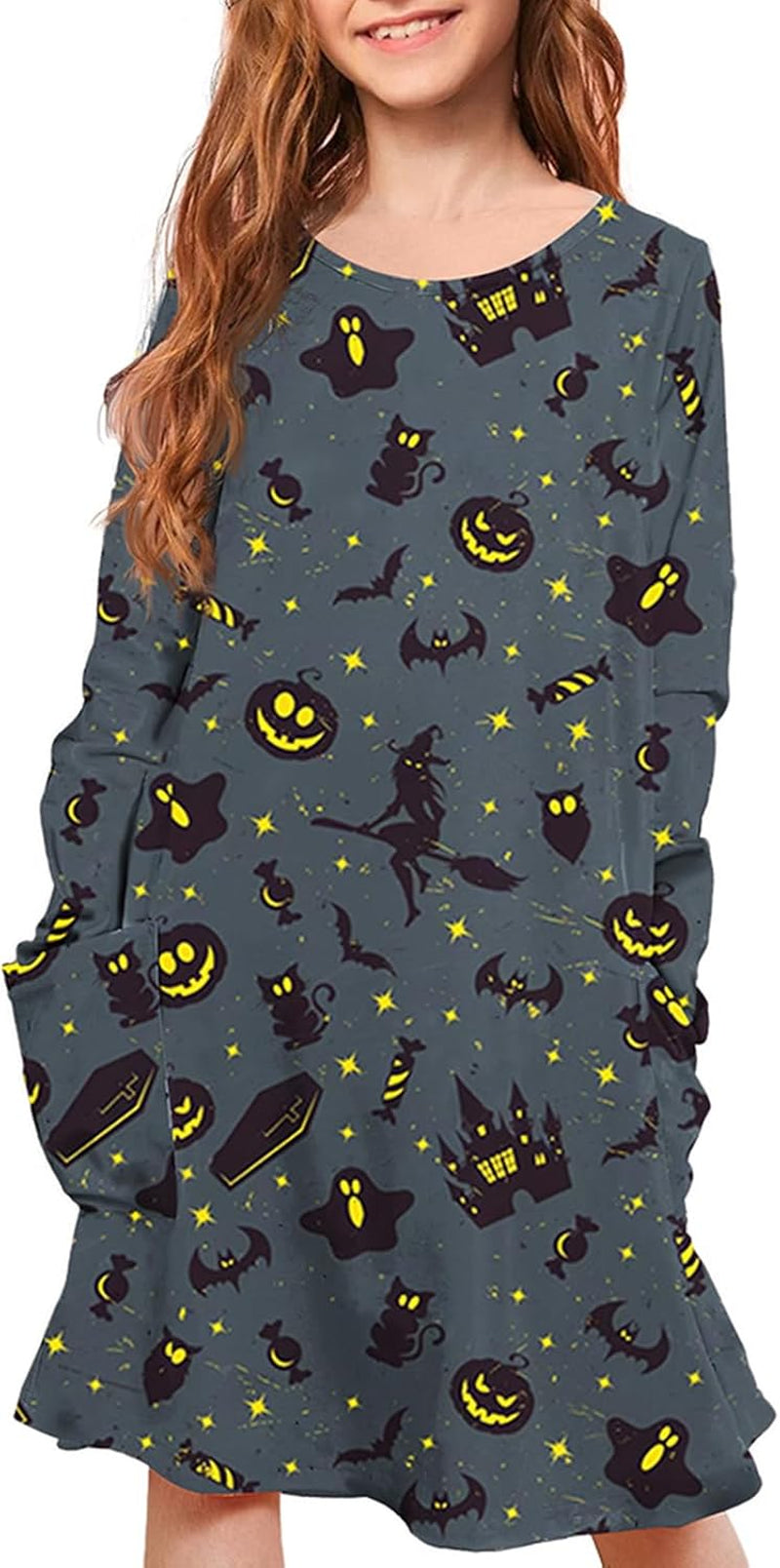 Girls Halloween Costumes Dresses for Kids Costume Dress Long Sleeve Printed Shirt Dresses with Pockets