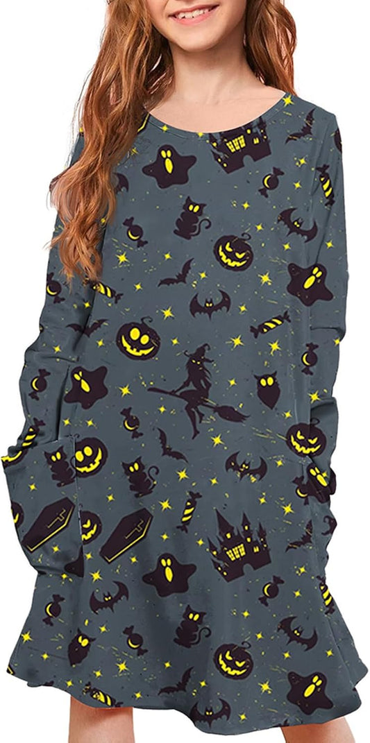 Girls Halloween Costumes Dresses for Kids Costume Dress Long Sleeve Printed Shirt Dresses with Pockets