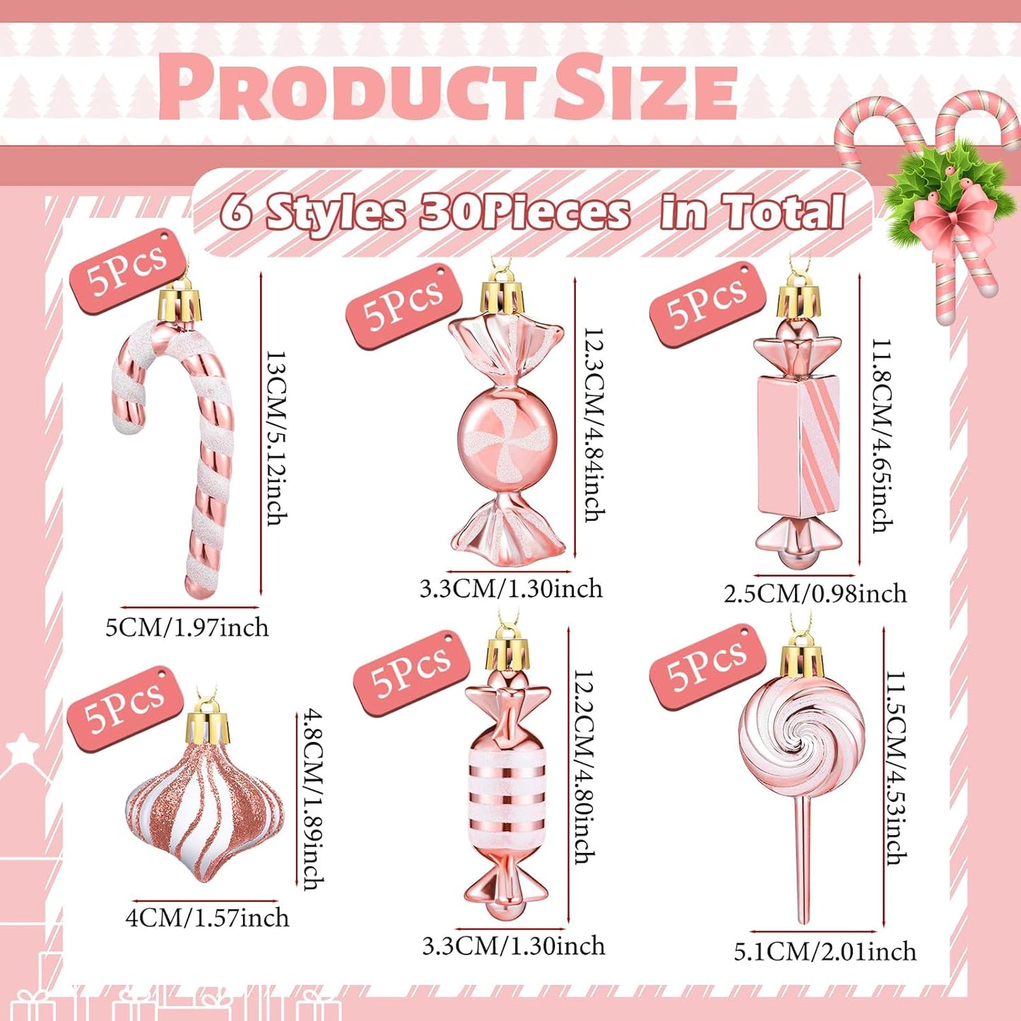 30 Pcs Christmas Candy Ornaments Peppermint Candy Cane Christmas Decorations Plastic Lollipop Christmas Hanging Ornaments with Rope for Xmas Holiday Party Supplies(Pink White)