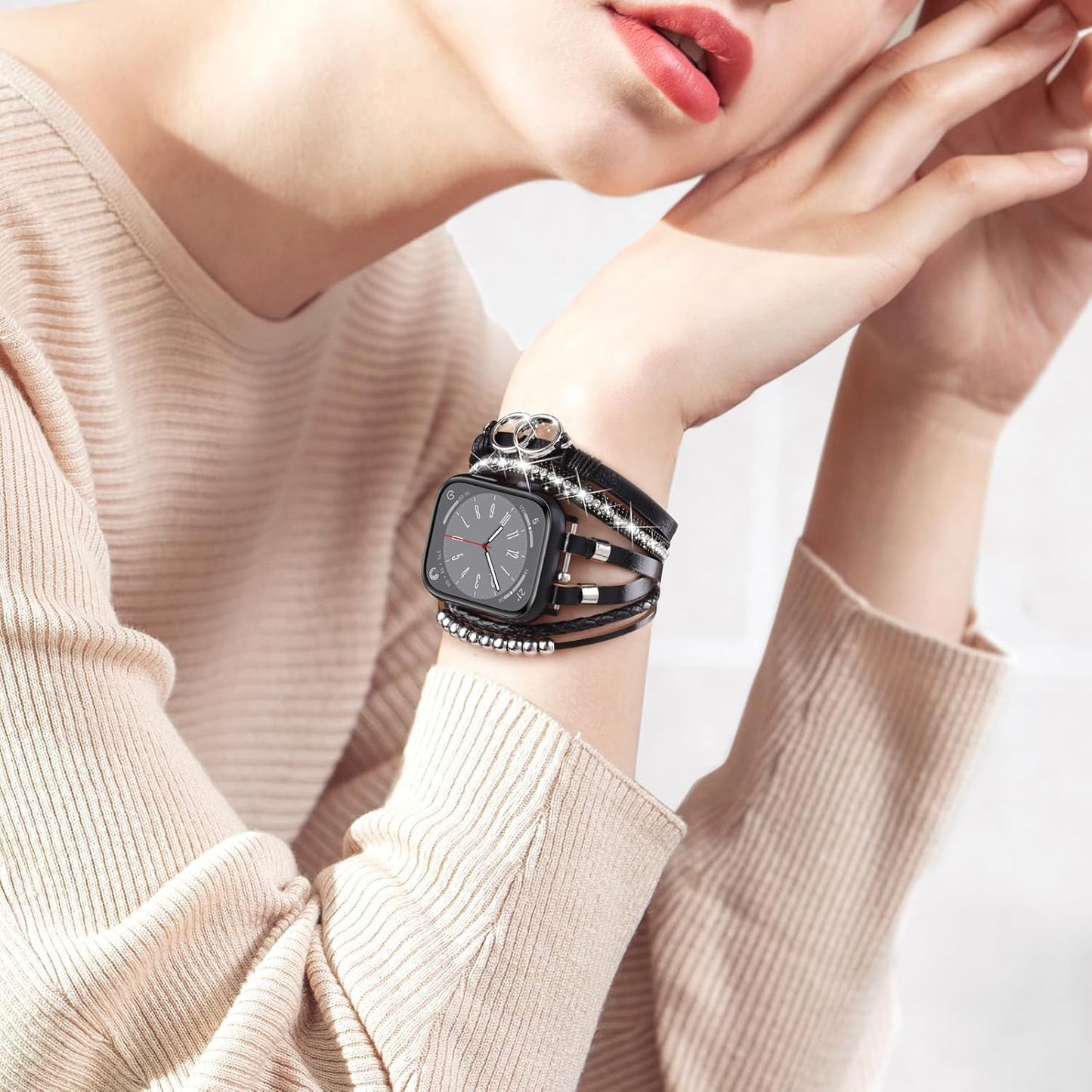 Boho Leather Bracelet Compatible with Apple Watch Band 38Mm 40Mm 41Mm Women, Handmade Multilayer Wrap Beaded Jewelry Apple Watch Strap for Iwatch Series 9 8 7 6 5 4 3 2 1 Black