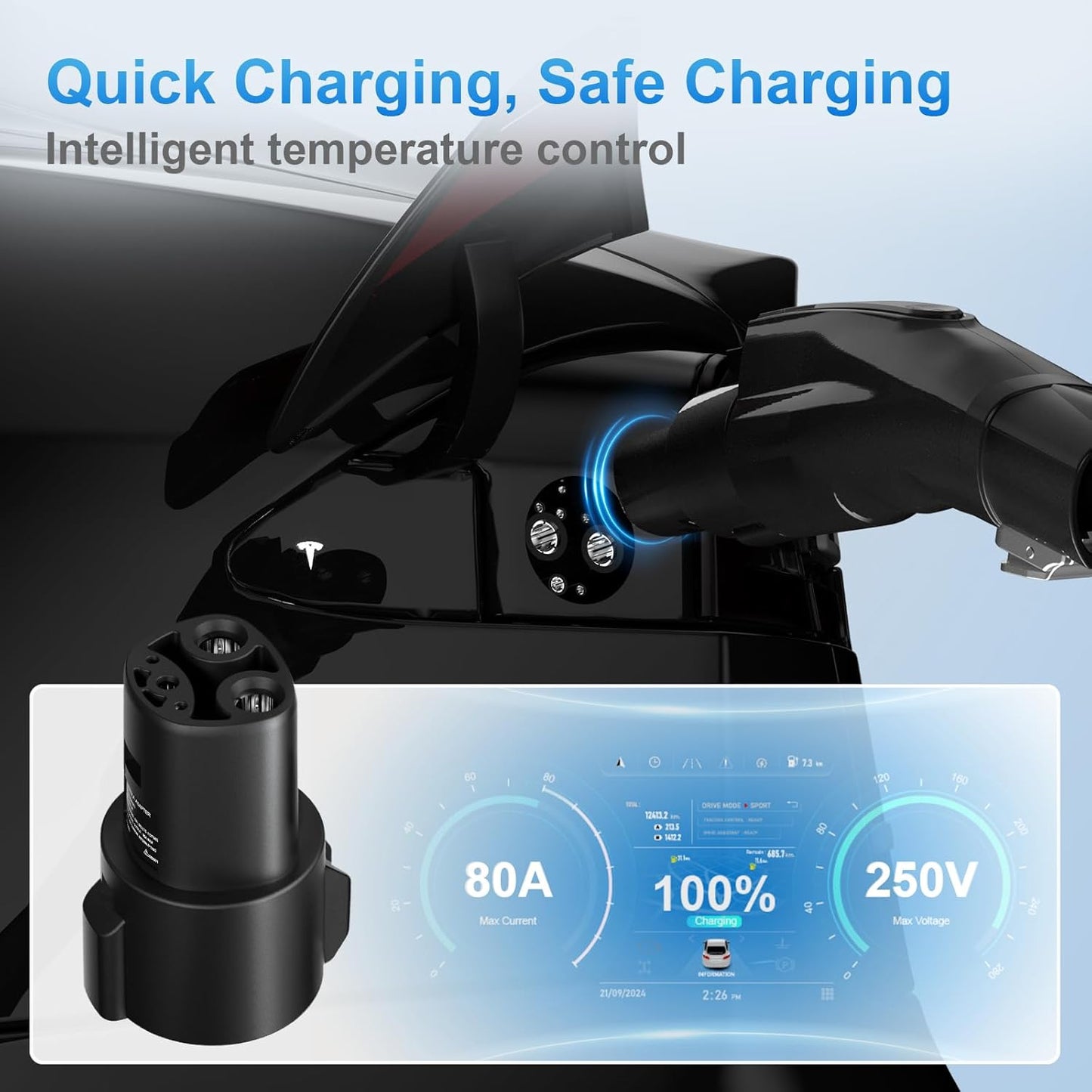 J1772 to Tesla Charger Adapter, Max 80A 280V Fast Charging for Tesla Model 3/Y/X/S with Safety Certified Charger Connecting Charging Adapter, SAE J1772 EV Adapter for Tesla Cars Only