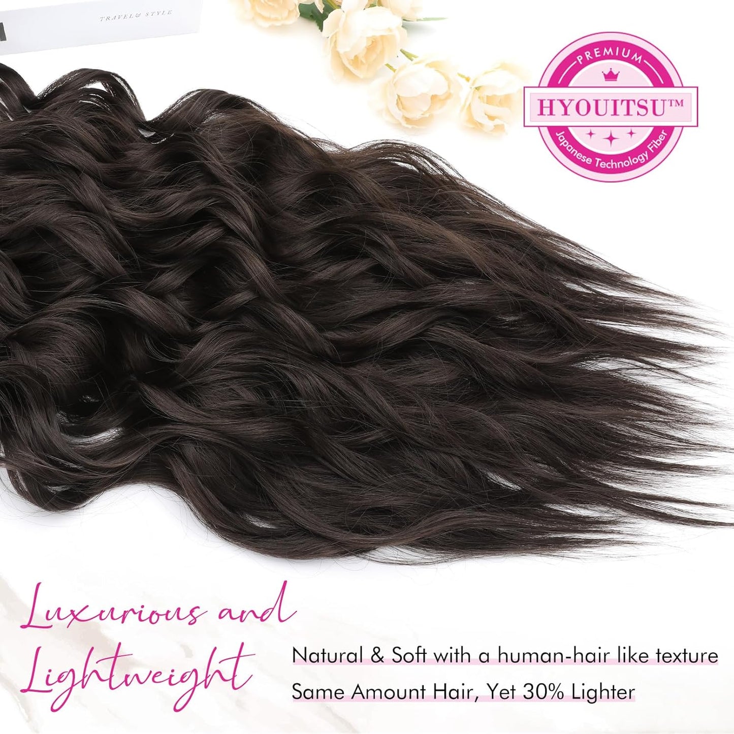 Hair Extensions, 4PCS Clip in Hair Extensions 24" Thick Long Beach Waves Black Brown Hair Extensions HE003 Invisible Lace Weft Natural Soft Synthetic Hairpieces for Women – Black Brown