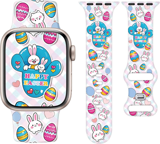 Easter Apple Watch Bands for Women Men 41Mm 42Mm 44Mm 45Mm 46Mm 49Mm 38Mm 40Mm,Soft Silicone Holiday Strap Easter Apple Watch Band for Apple Watch Series 10 9 SE 8 7 6 5 4 3 2 1 Ultra 2 1-Easter Rabbits & Eggs