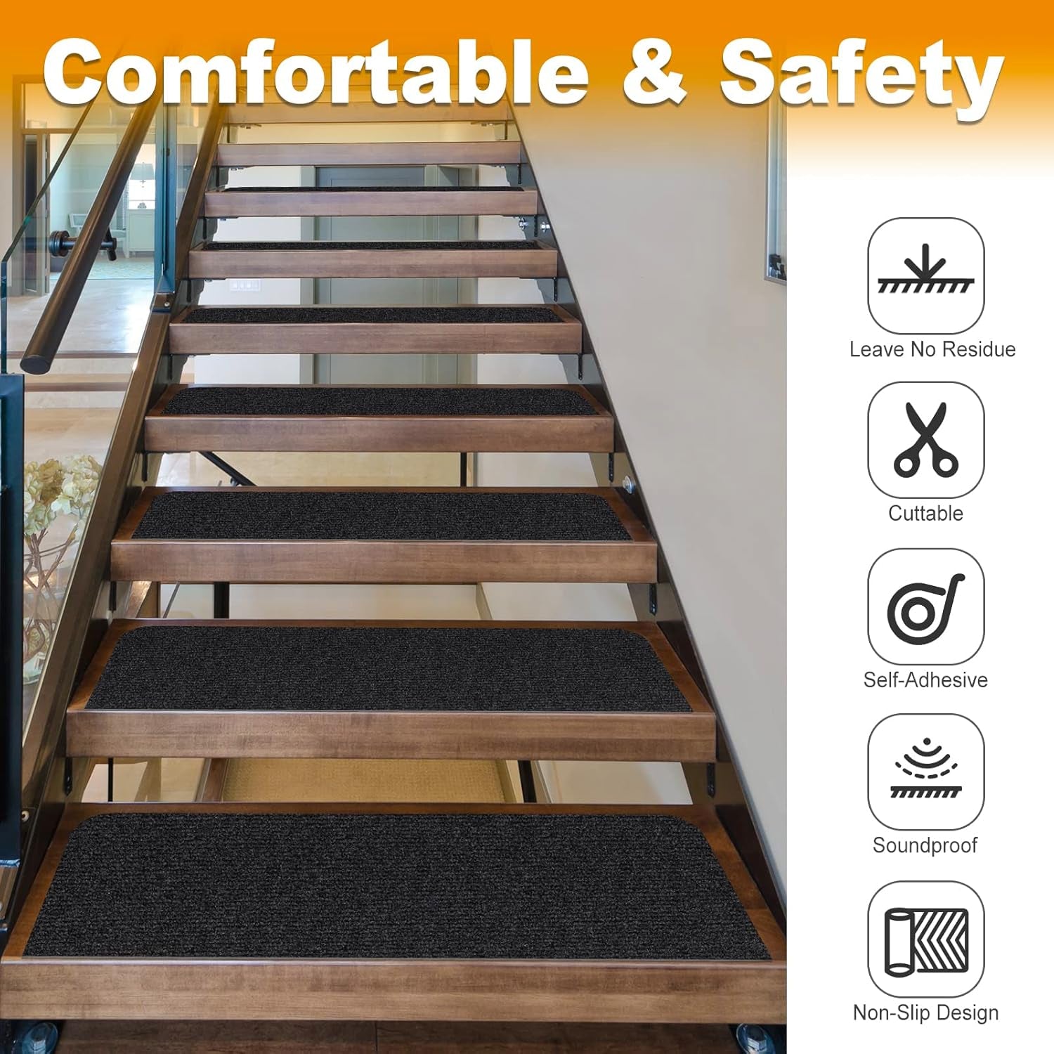 8X30In 15PCS Non-Slip Stair Treads Carpet, Self-Adhesive Stair Treads for Wooden Steps, Indoor Safety Staircase Step Treads, anti Slip Stair Runner Mats for Elders, Kids and Dogs (Black)