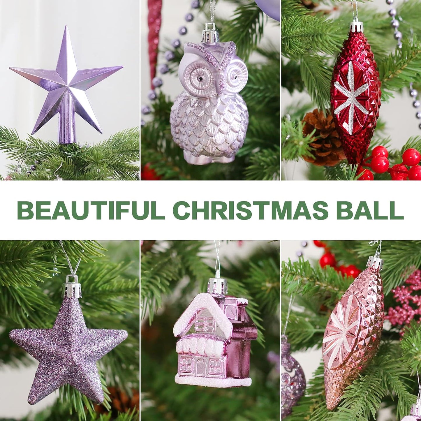 122 Pack Christmas Ball Ornaments Set, Plastic Shatterproof Christmas Hanging Decoration Hand-Held Package, for Home Xmas Tree Holiday Wedding Party Decor - Purple/Pink.