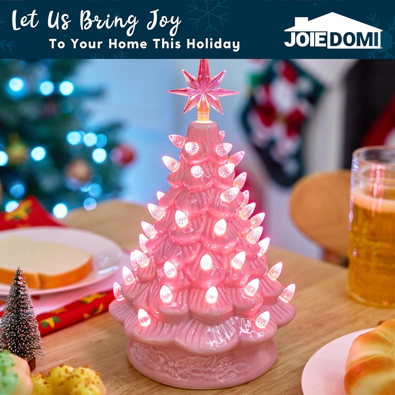 12" Pink Ceramic Christmas Tree, Prelit Tabletop Christmas Tree with Extra Pink Top Star & Bulbs for Best Desk Decoration