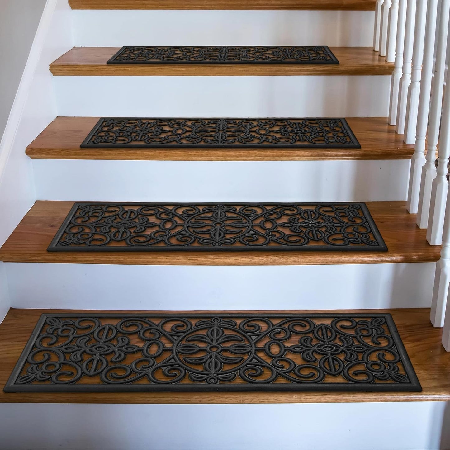 Indoor/Outdoor Hose-Wash Iron Wrought Design Non-Slip Rubber 10" X 30" Modern Stair Treads for Stairs, Garage, Patio, 5 Pack, Black Floral