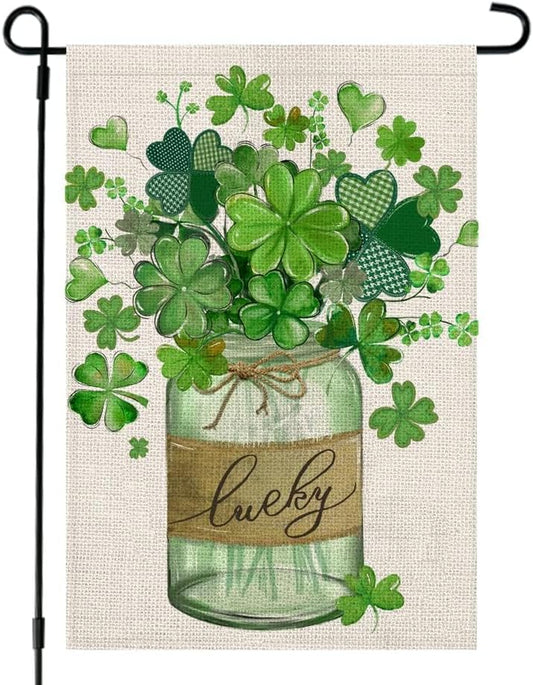 St Patricks Day Shamrocks Mason Jar Garden Flag 12X18 Inch Double Sided for outside Small Burlap Green Clovers Lucky Welcome Yard Holiday Flag