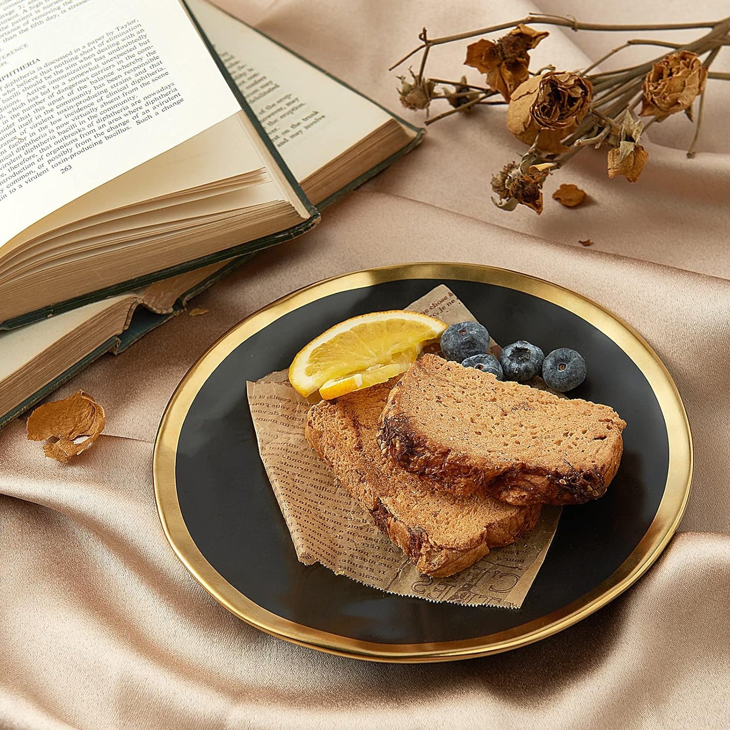 Matte Black Plates and Bowls Sets, 12 Piece Dinnerware Sets Service for 4, Dishes, round Dinner Plates, Bowls, Golden Rim Dish Set for Home Decor