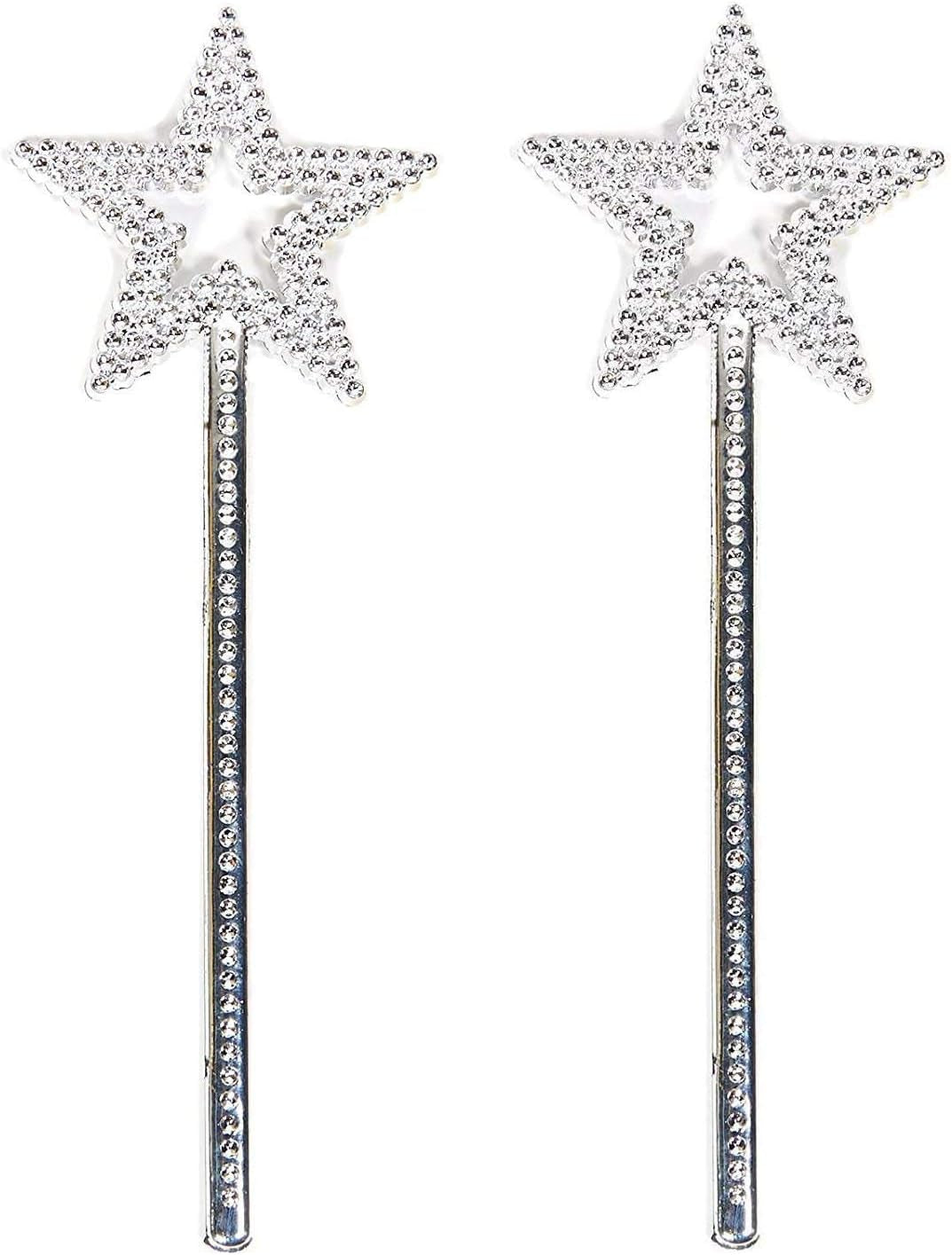 Star Wand, 2 Pieces 13 Inches Silver Fairy Princess Angel Wand Sticks for Girls Costume Birthday Party Wedding Halloween Christmas Cosplay-Fairy Wand for Children over 36 Months of Age