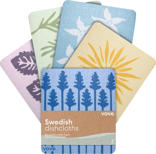 Swedish Dishcloths 5 Pack | Reusable Paper Towels | Eco-Friendly Cleaning Cloths | Designer Prints | Absorbent Natural Cellulose & Cotton | Sustainable Kitchen Sponge Cloth | Washable