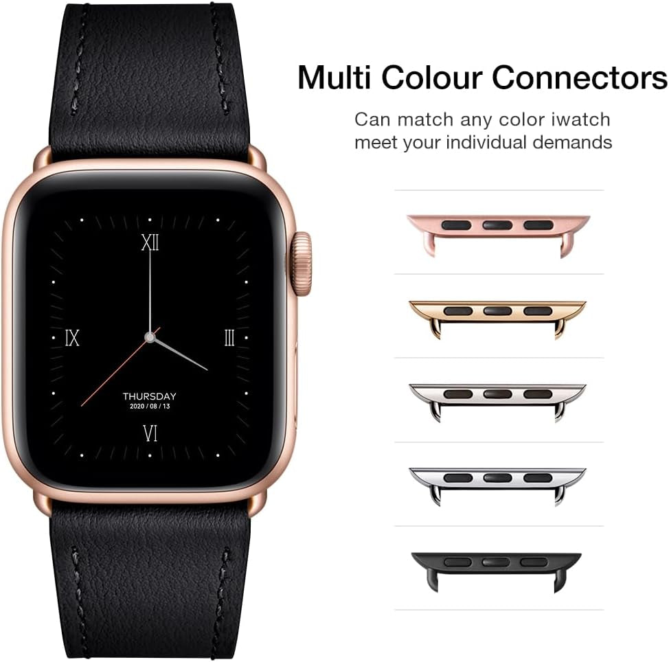 Bands Compatible with Apple Watch Band 38Mm 40Mm 41Mm 42Mm 44Mm 45Mm 49Mm, Genuine Leather Strap Compatible for Women Men Iwatch SE Ultra Series 9 8 7 6 5 4 3 2 1 (Black/Rosegold)