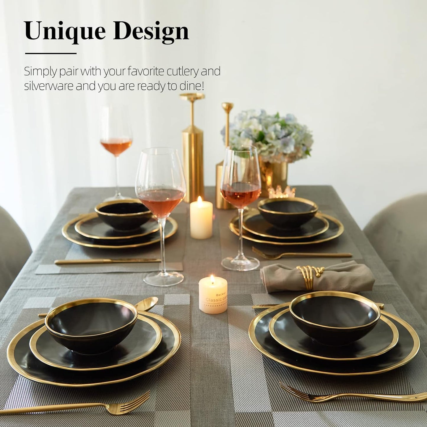Matte Black Plates and Bowls Sets, 12 Piece Dinnerware Sets Service for 4, Dishes, round Dinner Plates, Bowls, Golden Rim Dish Set for Home Decor