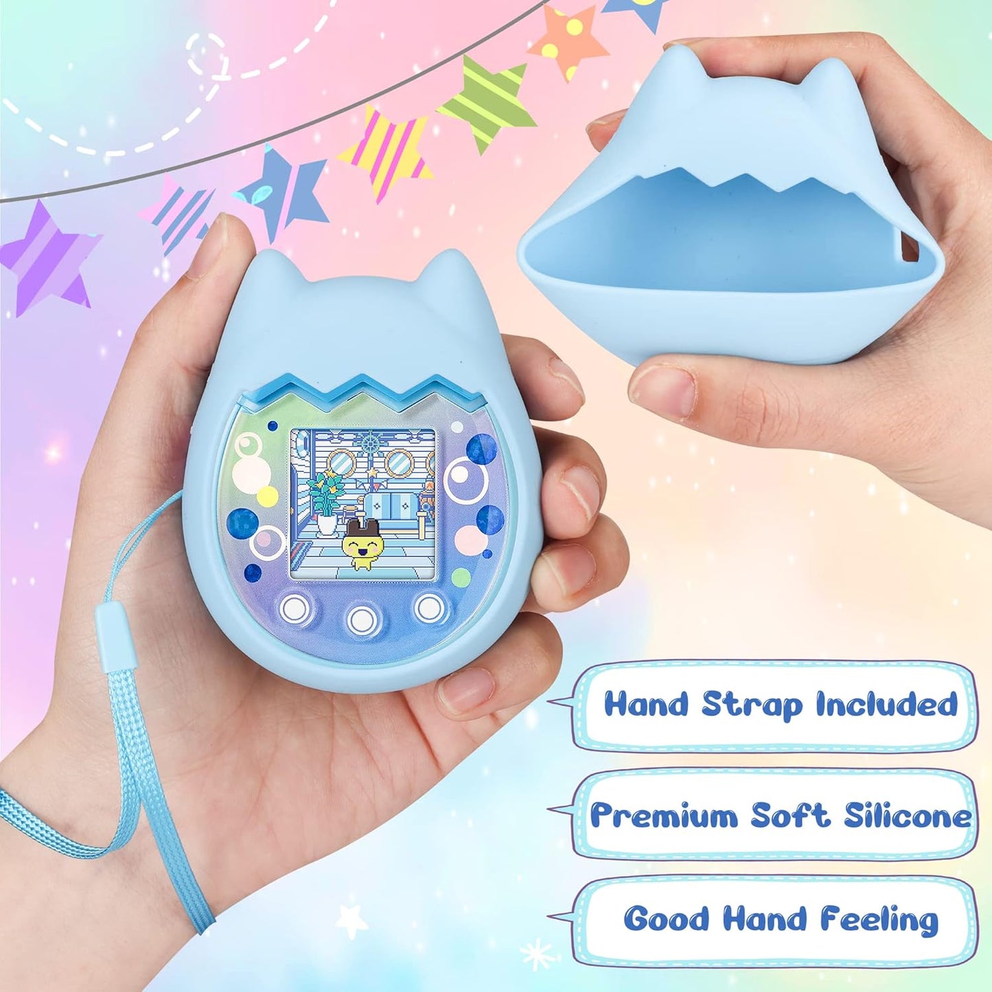 Carrying Case and Silicone Cover Compatible with Tamagotchi Pix Virtual Pet Game Machine, (5-In-1) Silicone Cover for Tamagotchi Pix, with Finger Lanyard and Screen Protector (Blue) ZOUSA