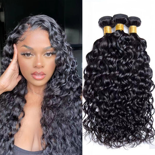 Water Wave Bundles 10A Brazilian Deep Wave Human Hair Bundles (16 18 20 Inch) 100% Unprocessed Human Hair 3 Bundles Water Wave Hair Extensions Curly Double Weft Natural Color for Black Women