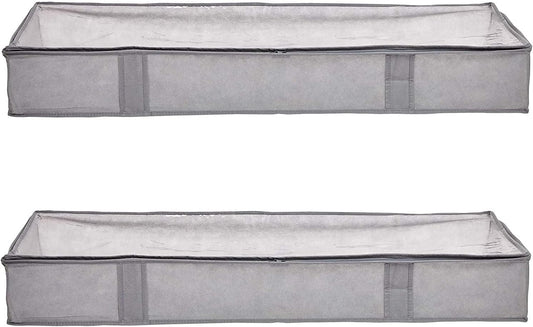 under Bed Fabric Zipper Blanket Storage Container Bags with Window and Handles, 2-Pack, 18 X 42 X 6 Inches, Gray