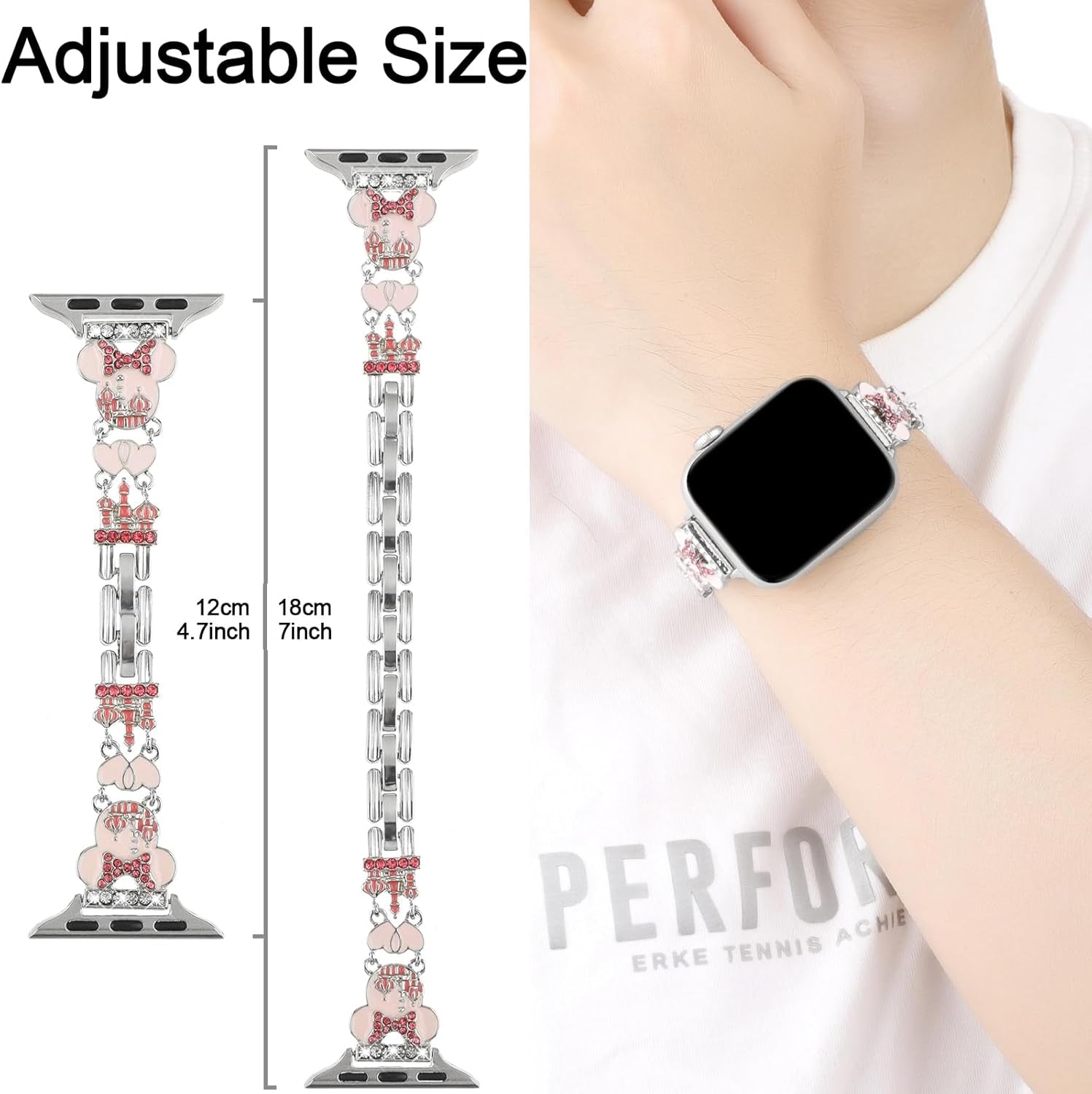 Bling Bracelet Band Compatible with Apple Watch Bands for Women 46Mm 40Mm 41Mm 38Mm 44Mm 45Mm 42Mm 49Mm, Cute Cartoon Dressy Jewelry Charm Metal Strap for Iwatch Ultra 2 Series 10/9/8/7/6/5/4/3/2/1/SE