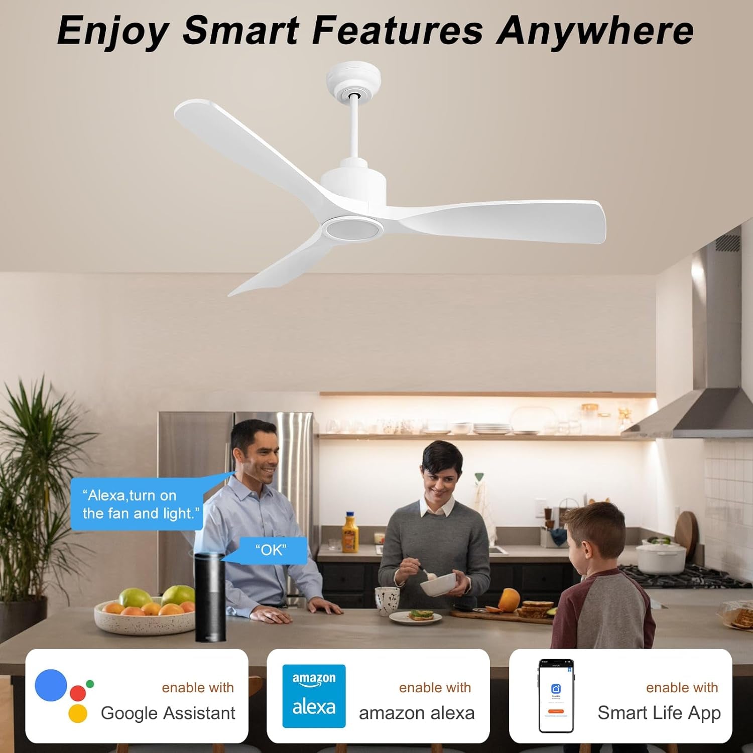 52 Inch Smart Ceiling Fan with Quiet DC Motor, 3 Blade High CFM Indoor Outdoor Modern White Ceiling Fan with Lights Remote Control for Bedroom Living Room