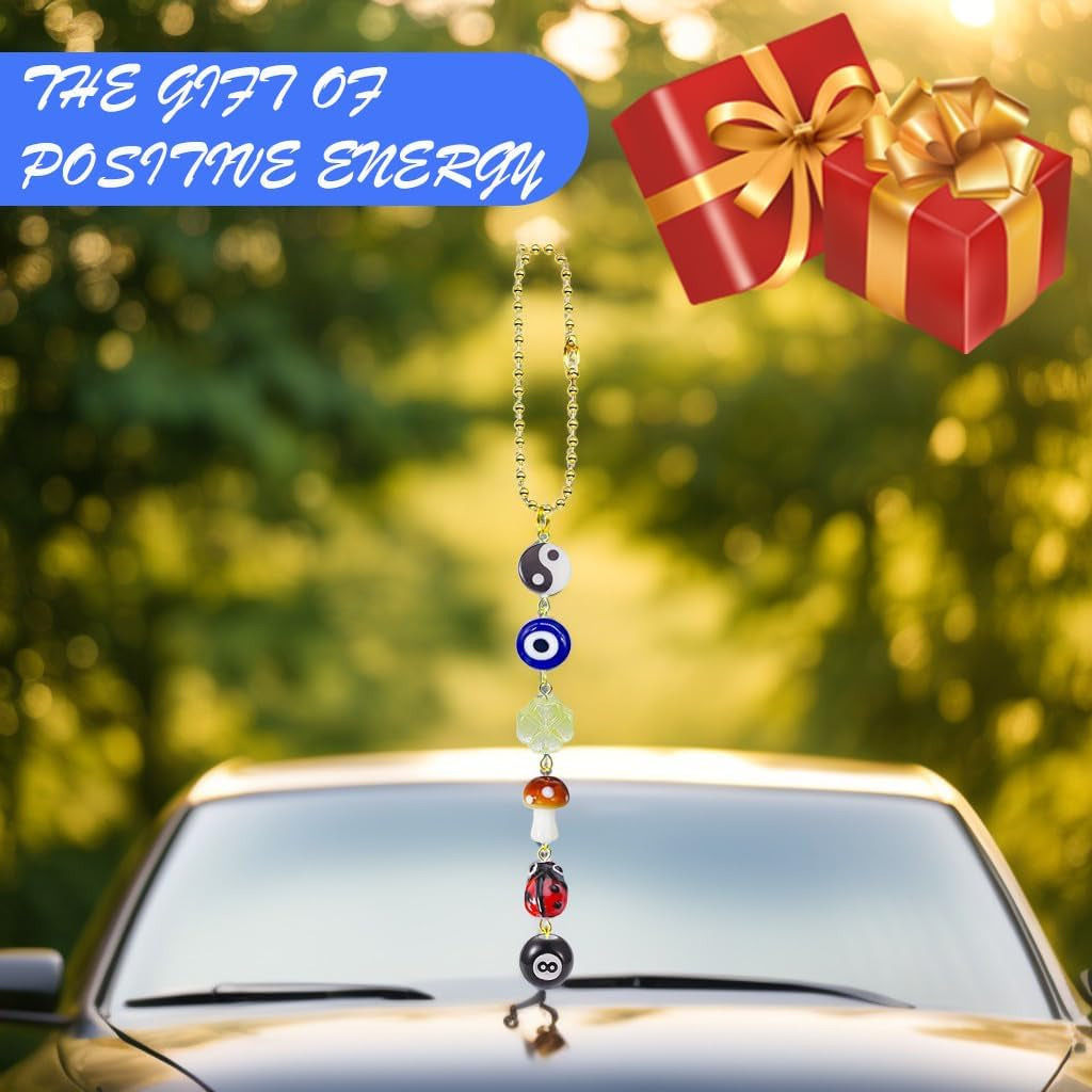 Evil Eye Car Hanging Ornament,Good Lucky Days Car Charm,8 Ball Mushroom Four-Leaf Clover Pendant for Car Rear View Mirror,Cute Boho Evil Eye Ladybug Yin Yang Symbol Car Decor Accessories