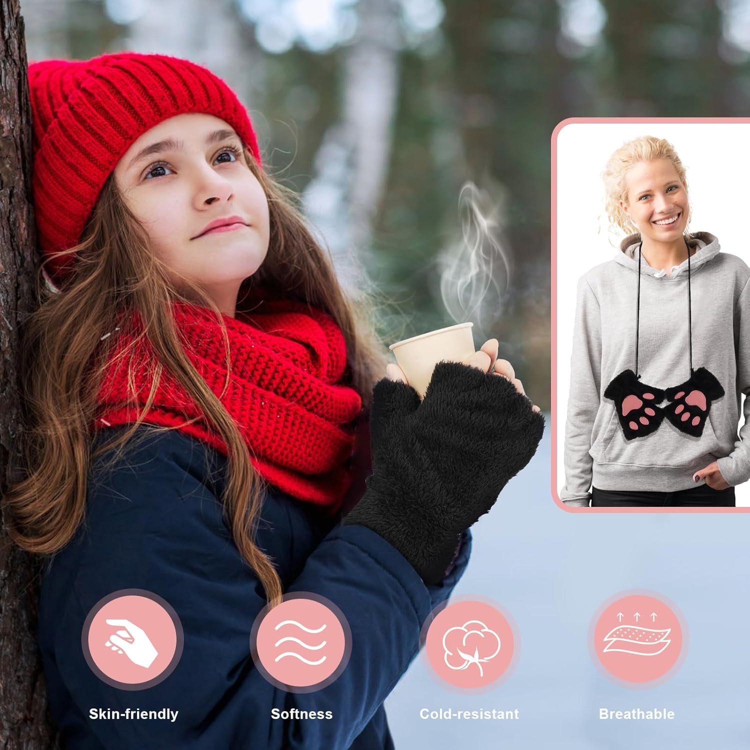 Cat Claw Bear Paw Fingerless Winter Plush Gloves 1*Pair